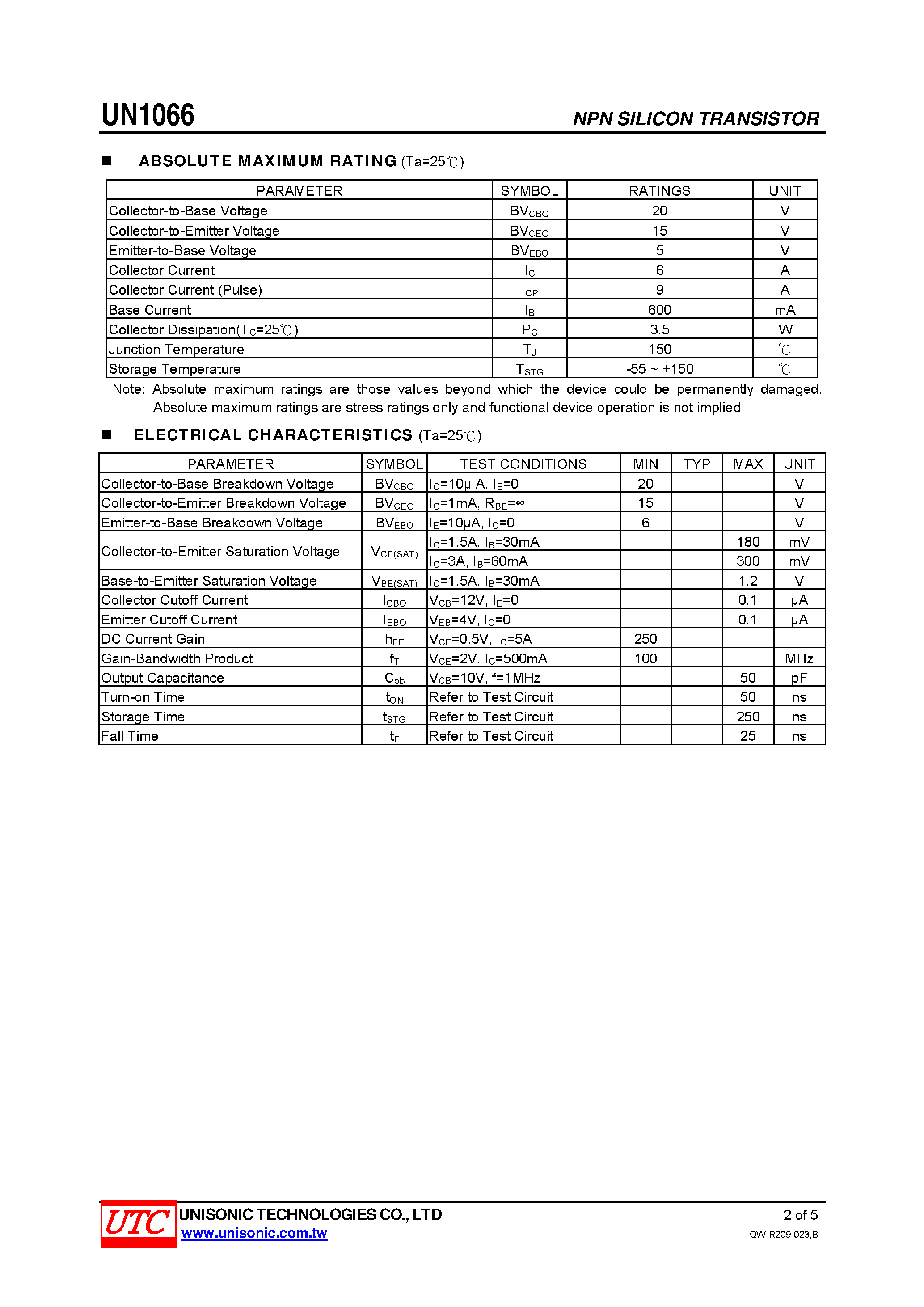 Datasheet UN1066 page 2 Datasheet UN1066 - HIGH SPEED SWITCHING TRANSISTOR page 2