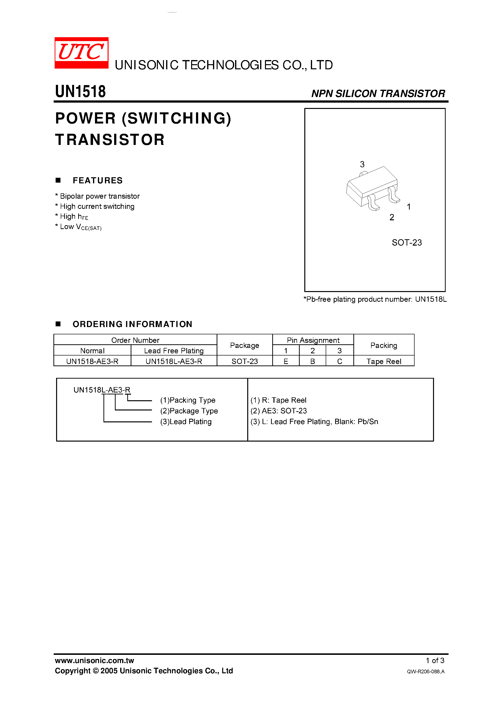 Datasheet UN1518 page 1 Datasheet UN1518 - POWER (SWITCHING) TRANSISTOR page 1