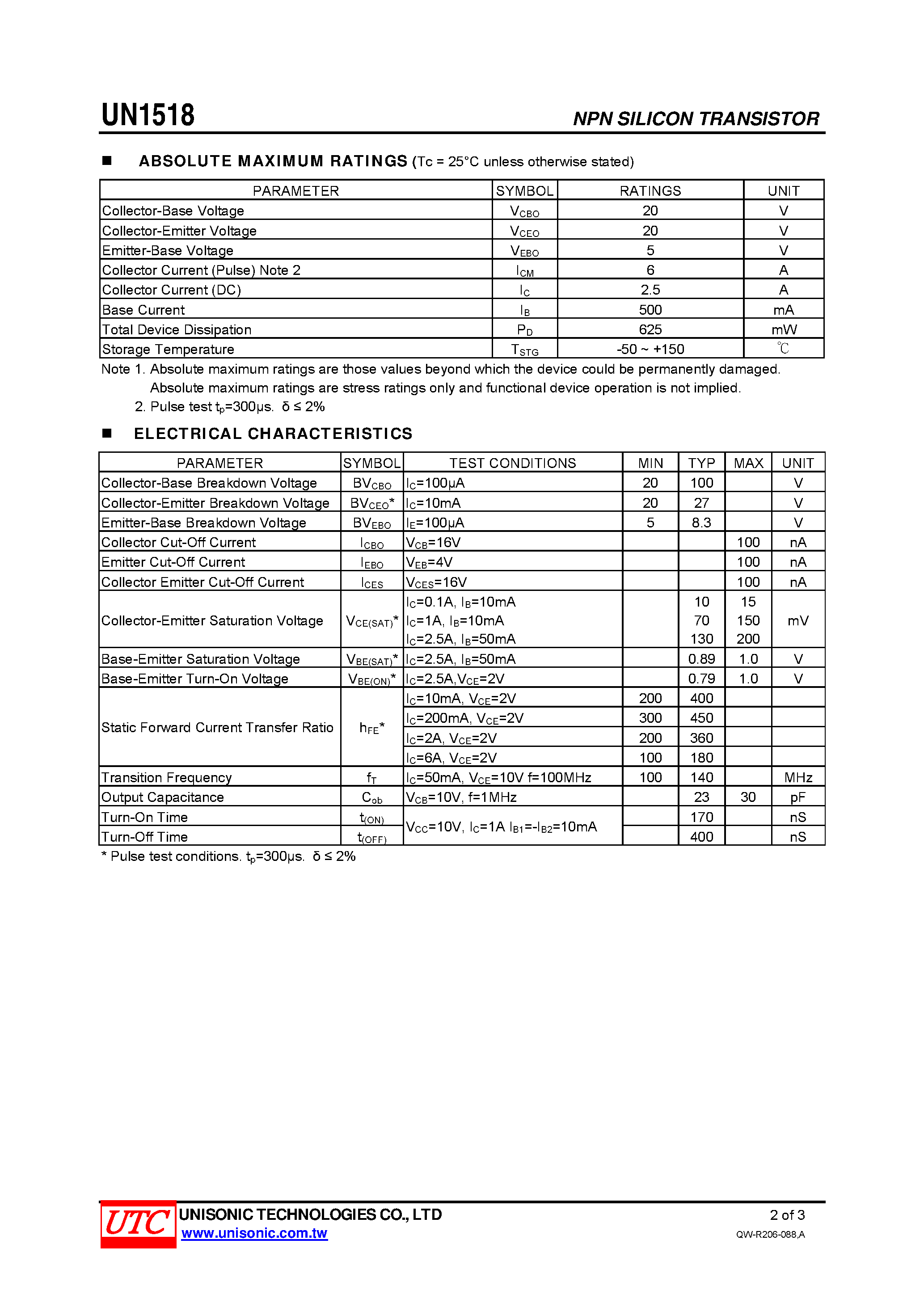 Datasheet UN1518 page 2 Datasheet UN1518 - POWER (SWITCHING) TRANSISTOR page 2