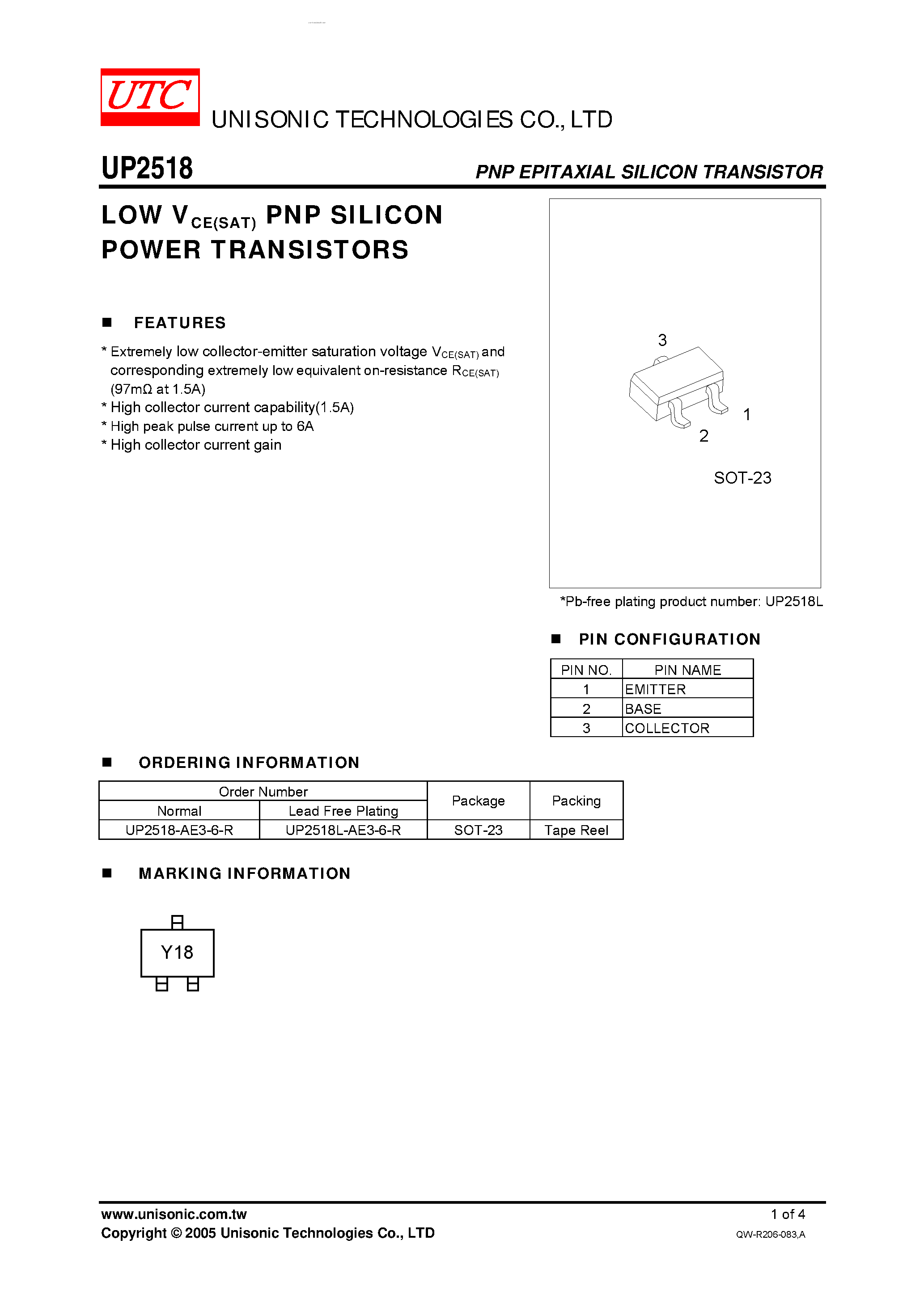 Datasheet UP2518 - LOW VCE(SAT) PNP SILICON POWER TRANSISTORS page 1