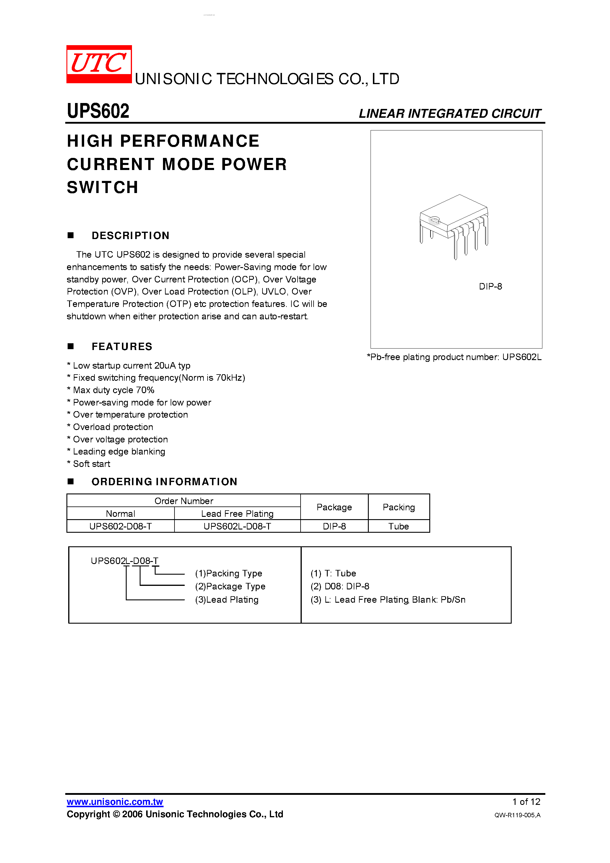Datasheet UPS602 page 1 Datasheet UPS602 - HIGH PERFORMANCE CURRENT MODE POWER SWITCH page 1
