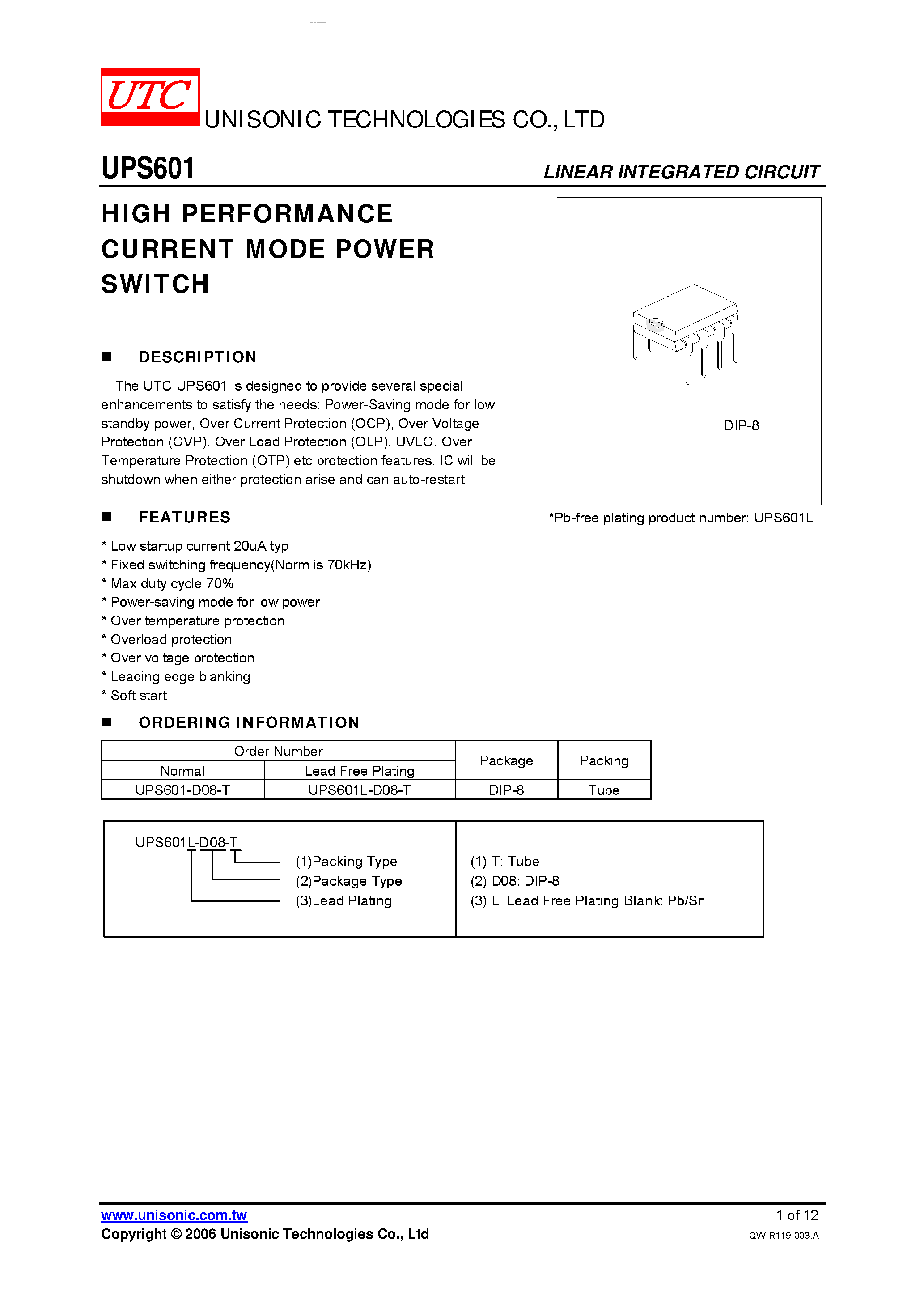 Datasheet UPS601 page 1 Datasheet UPS601 - HIGH PERFORMANCE CURRENT MODE POWER SWITCH page 1