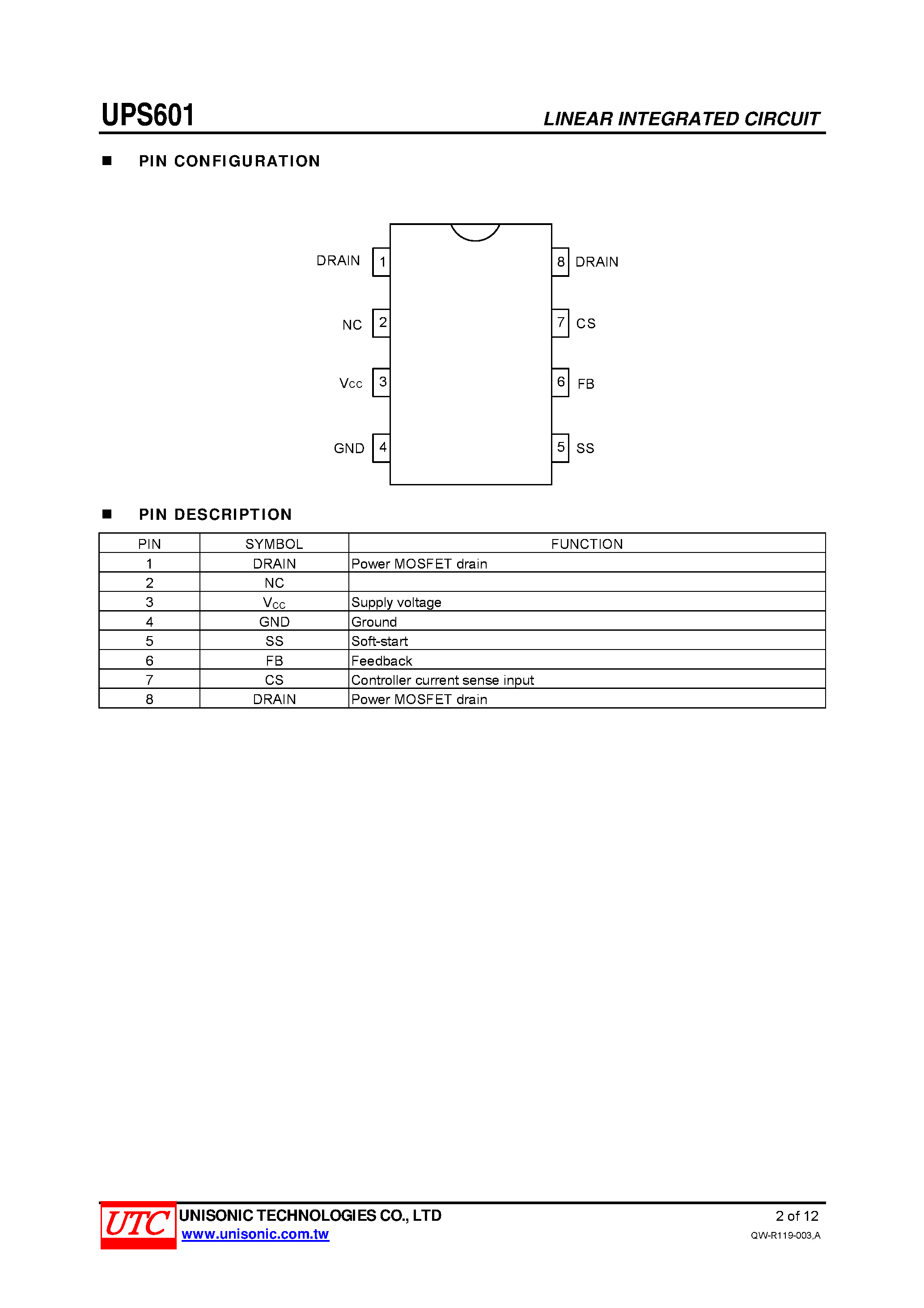 Datasheet UPS601 page 2 Datasheet UPS601 - HIGH PERFORMANCE CURRENT MODE POWER SWITCH page 2