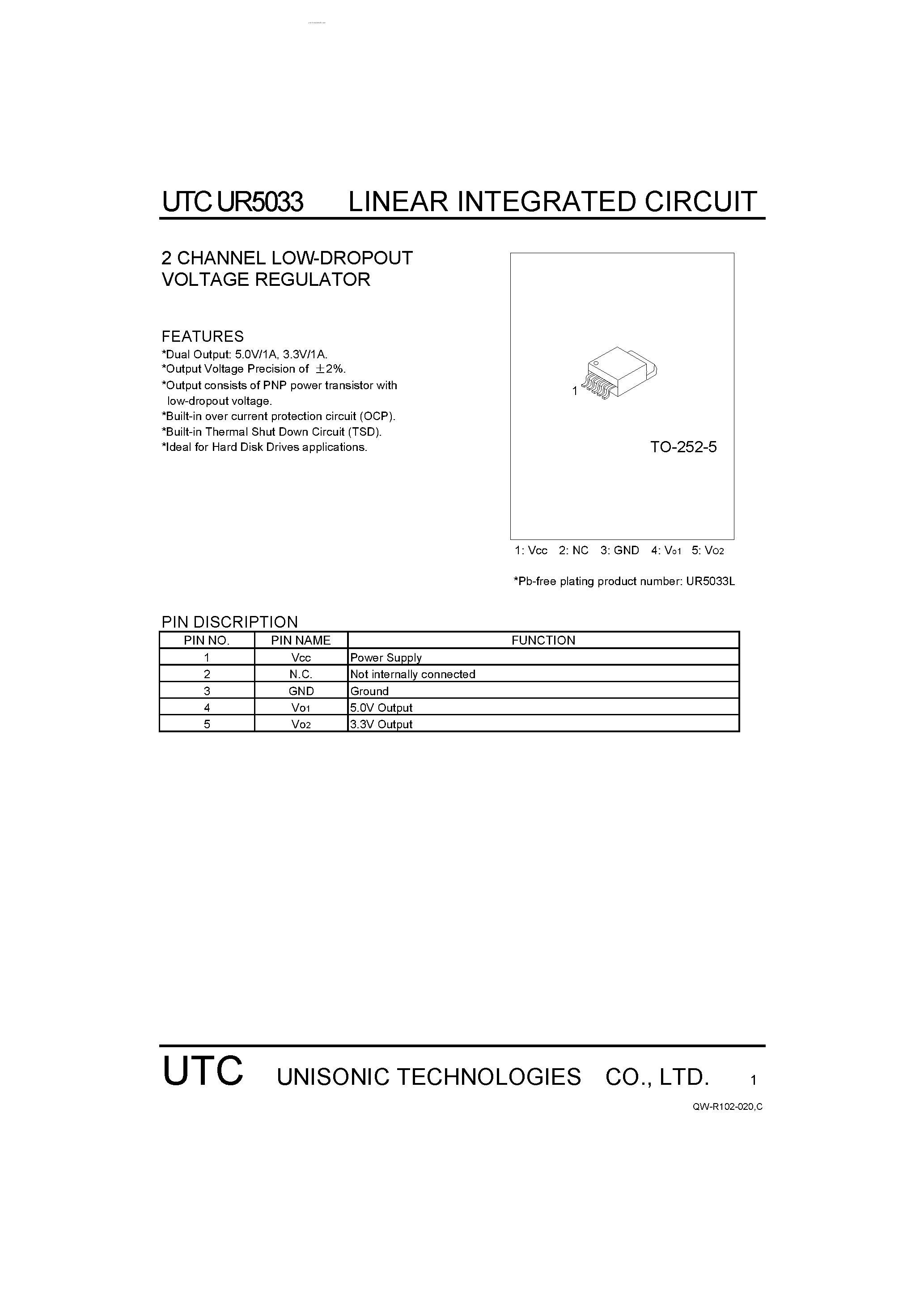 Datasheet UR5033 page 1 Datasheet UR5033 - 2 CHANNEL LOW-DROPOUT VOLTAGE REGULATOR page 1