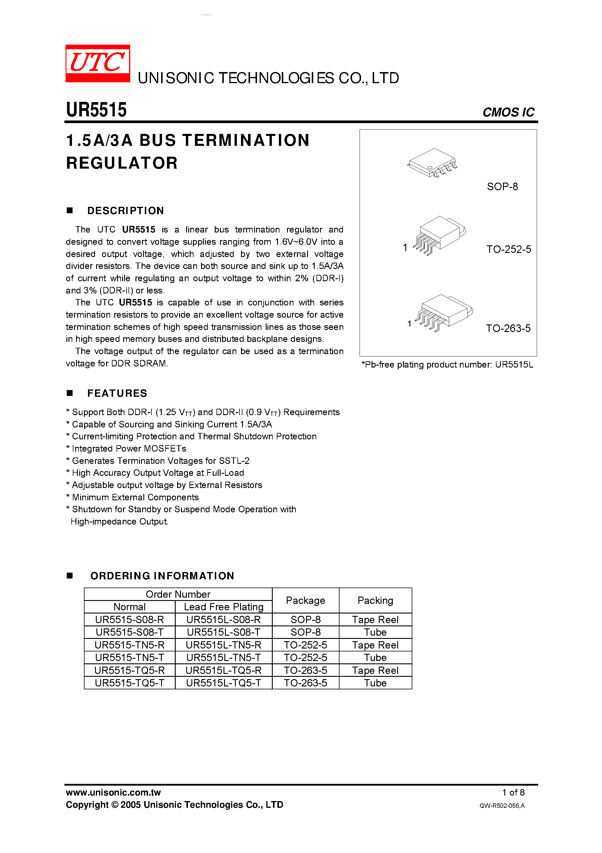 Datasheet UR5515 - 1.5A/3A BUS TERMINATION REGULATOR page 1