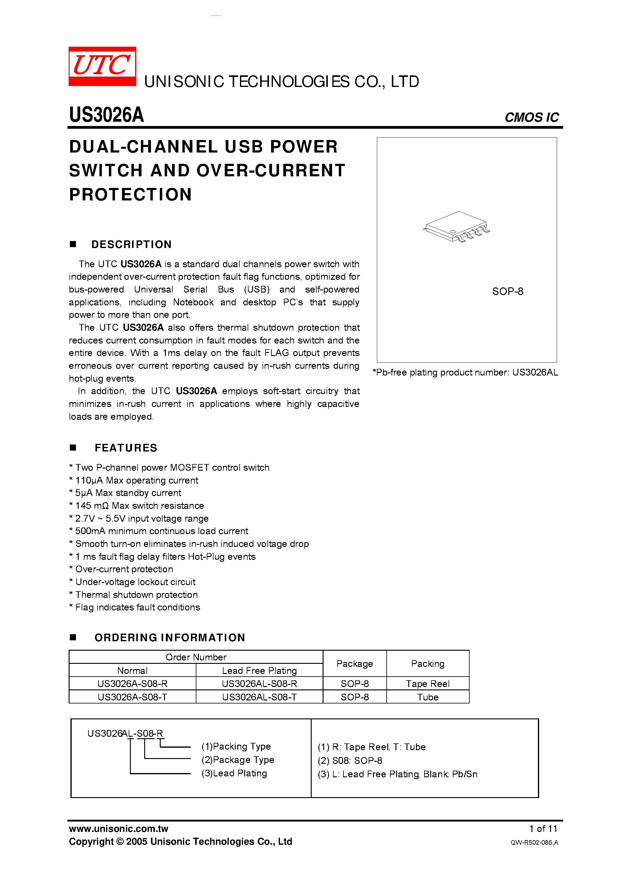 Datasheet US3026A page 1 Datasheet US3026A - DUAL-CHANNEL USB POWER SWITCH AND OVER-CURRENT PROTECTION page 1