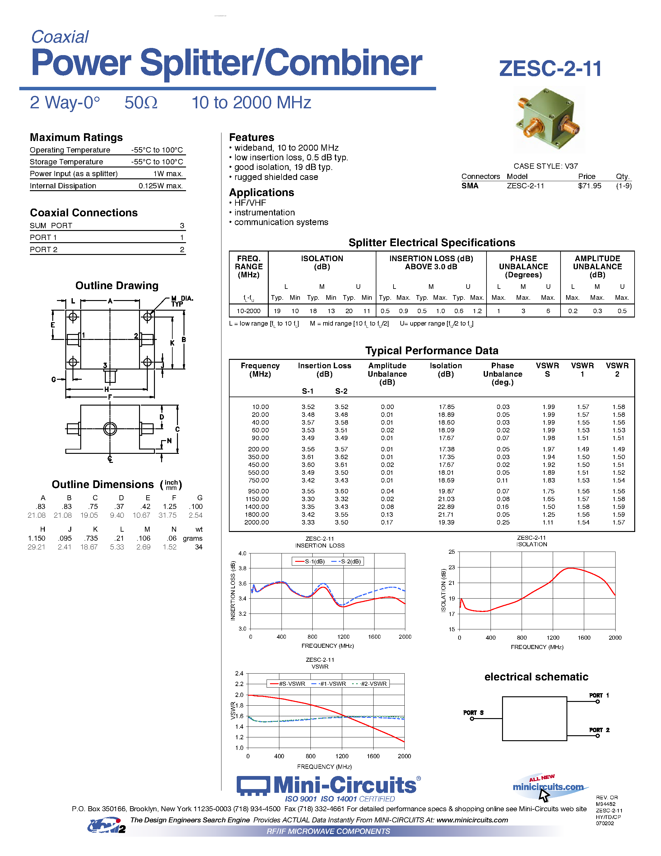 Datasheet ZESC-2-11 page 1 Datasheet ZESC-2-11 - Power Splitter/Combiner page 1