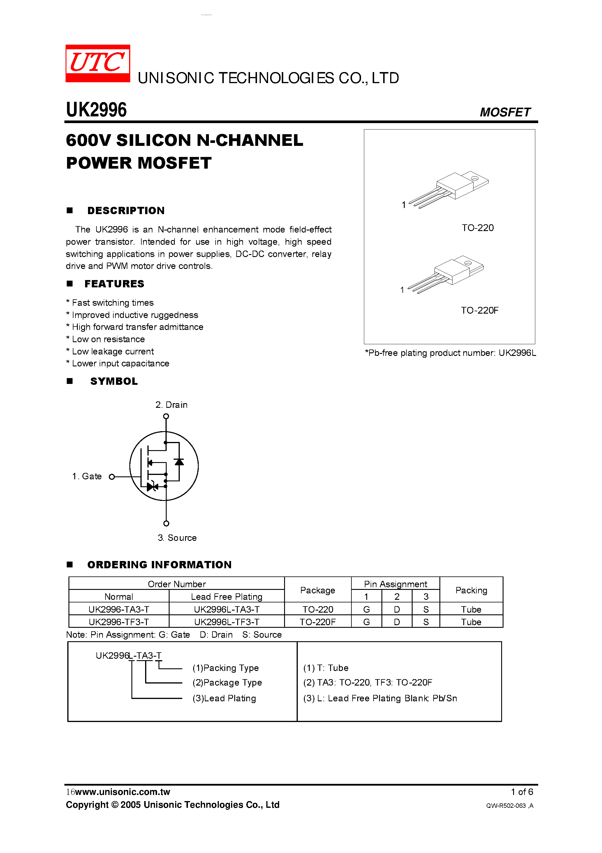 Datasheet UK2996 page 1 Datasheet UK2996 - SILICON N-CHANNEL POWER MOSFET page 1