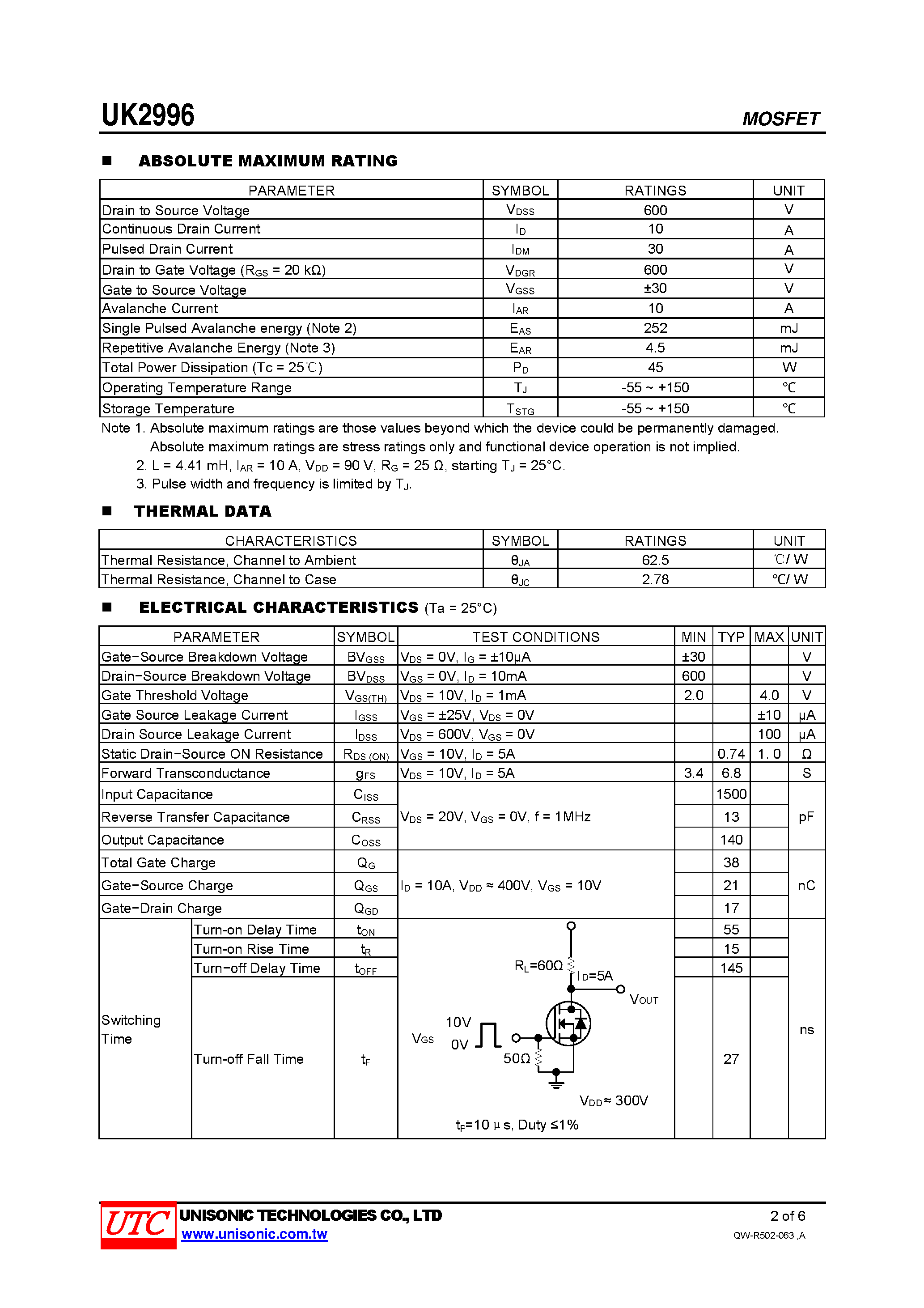 Datasheet UK2996 page 2 Datasheet UK2996 - SILICON N-CHANNEL POWER MOSFET page 2