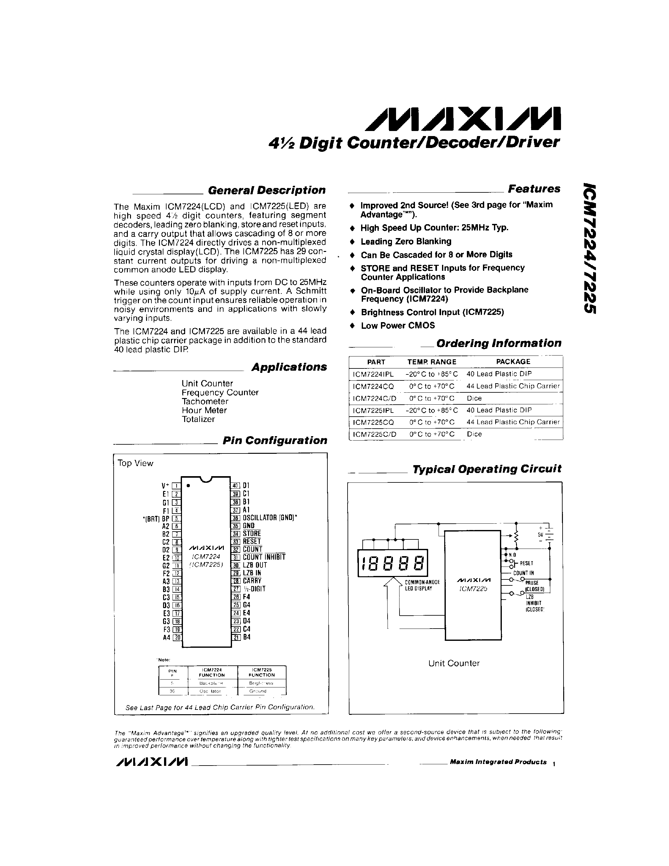 Даташит ICM7225 - 4 1/2 Digit Counter/Decoder/Driver страница 1