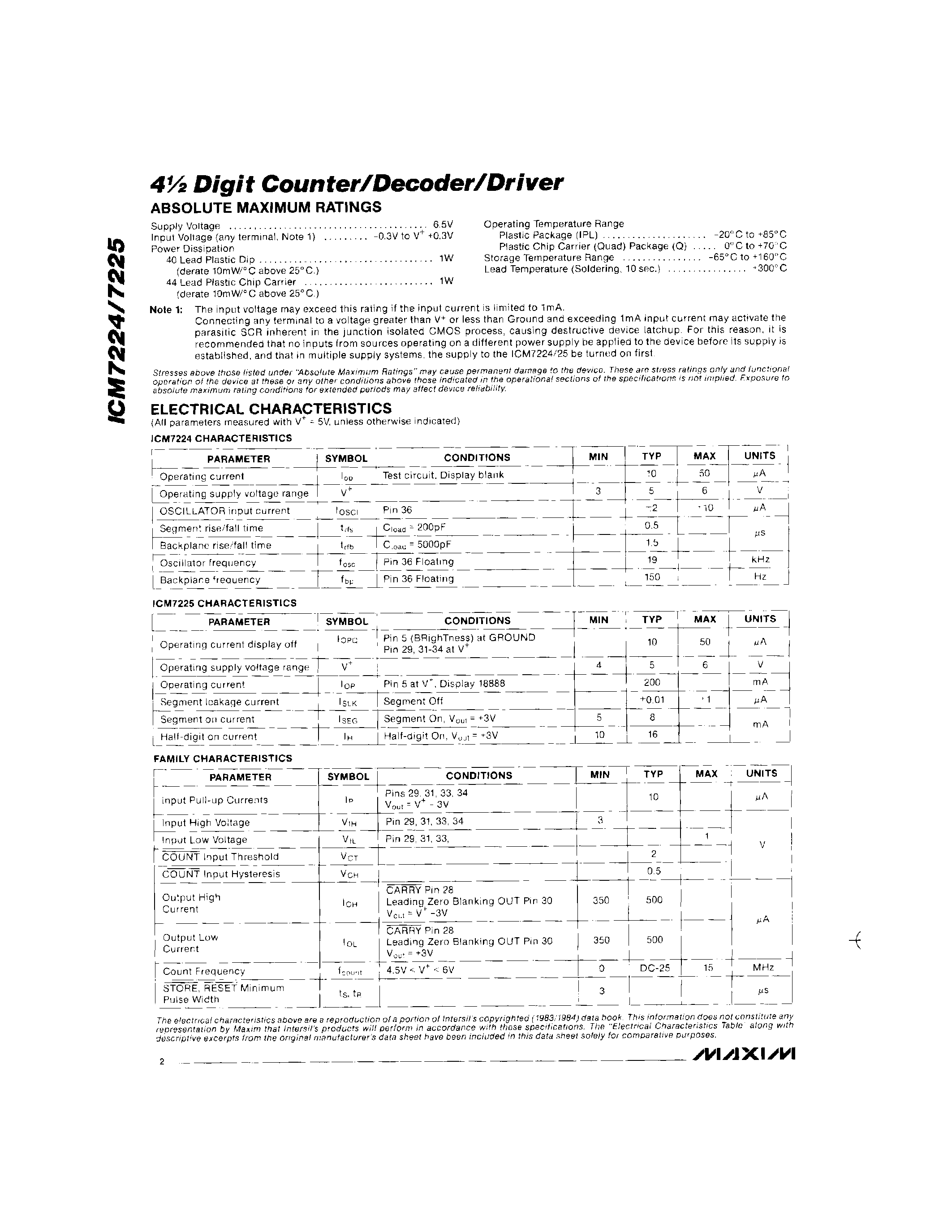 Даташит ICM7225 - 4 1/2 Digit Counter/Decoder/Driver страница 2