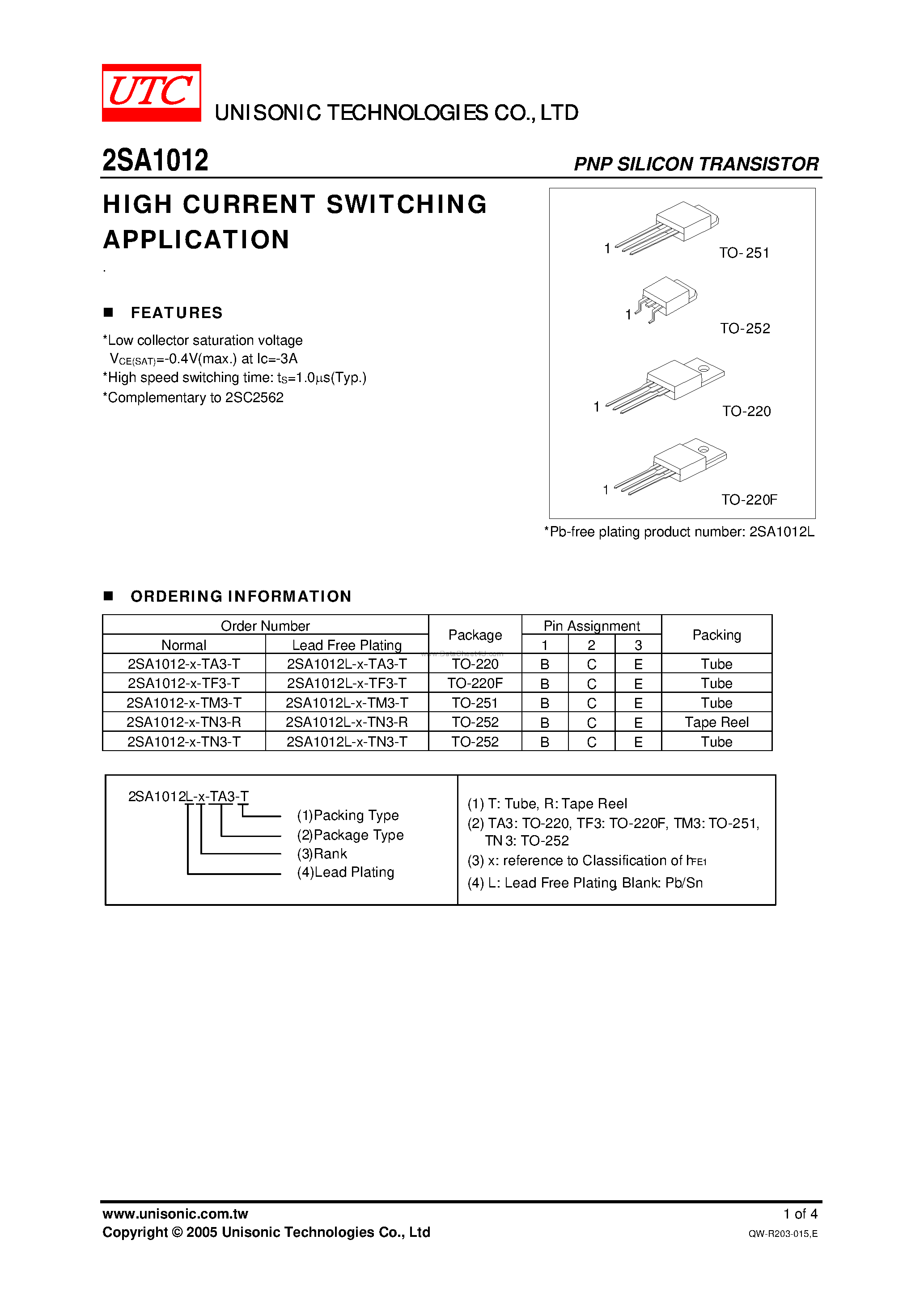 Datasheet 2SA1012 - HIGH CURRENT SWITCHING APPLICATION page 1