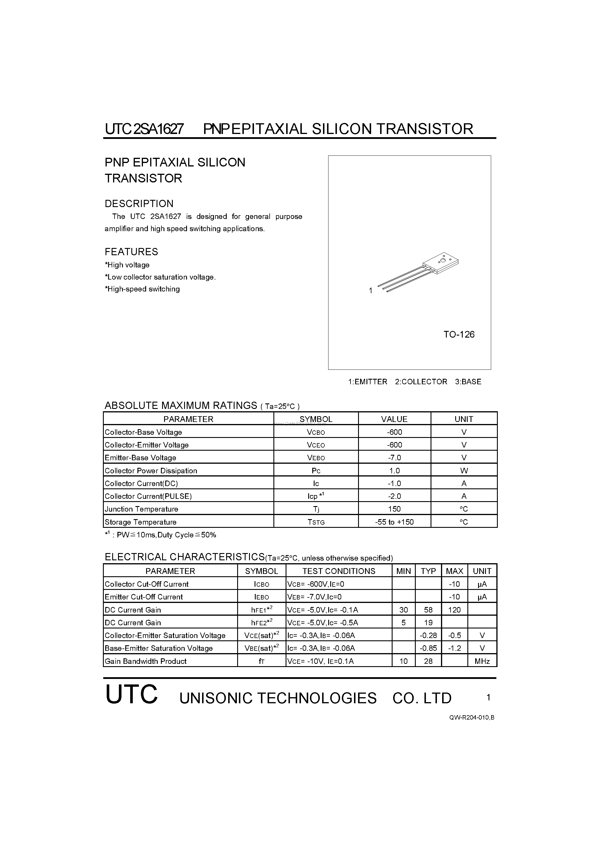 Datasheet 2SA1627 - PNP EPITAXIAL SILICON TRANSISTOR page 1