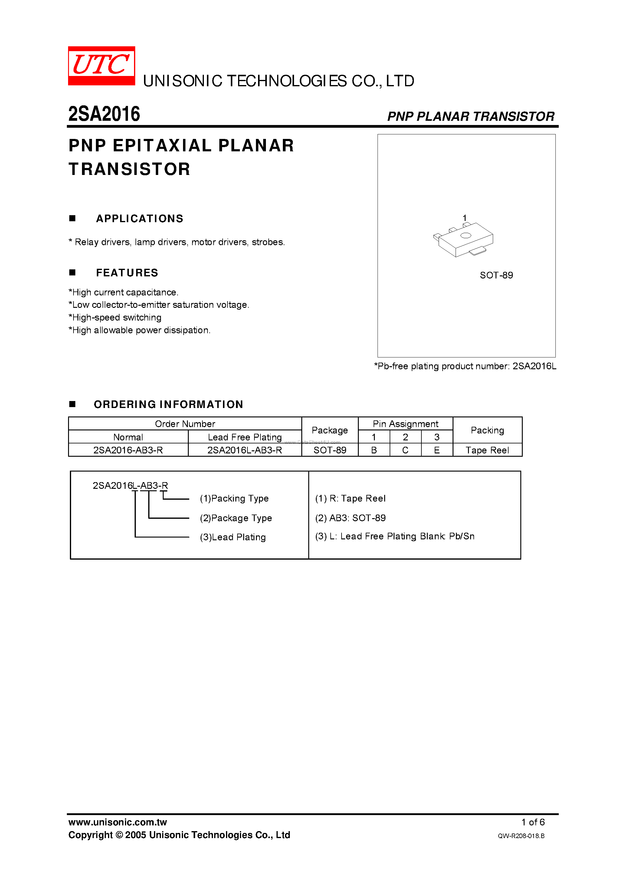 Datasheet 2SA2016 - PNP EPITAXIAL PLANAR TRANSISTOR page 1