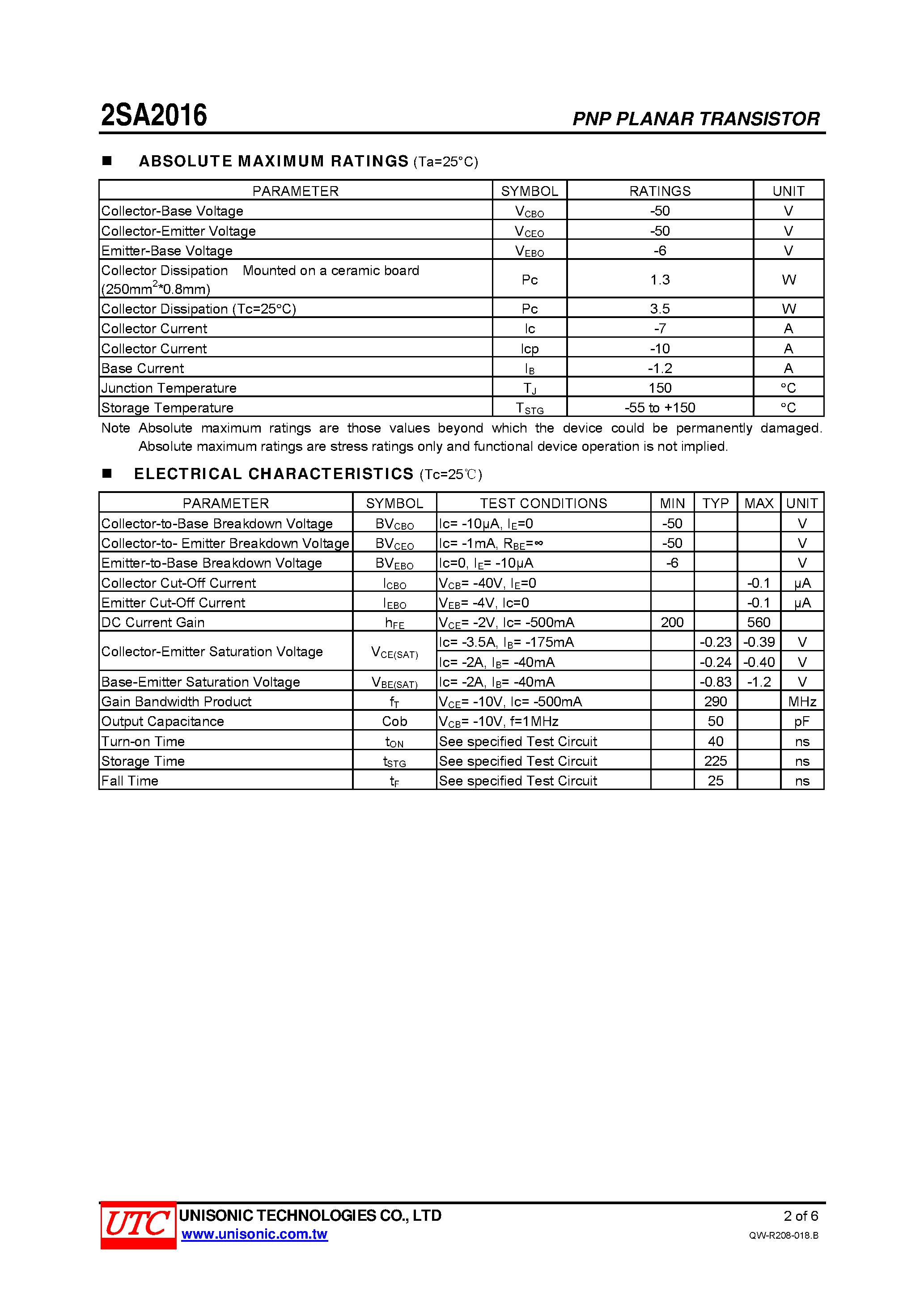 Datasheet 2SA2016 - PNP EPITAXIAL PLANAR TRANSISTOR page 2