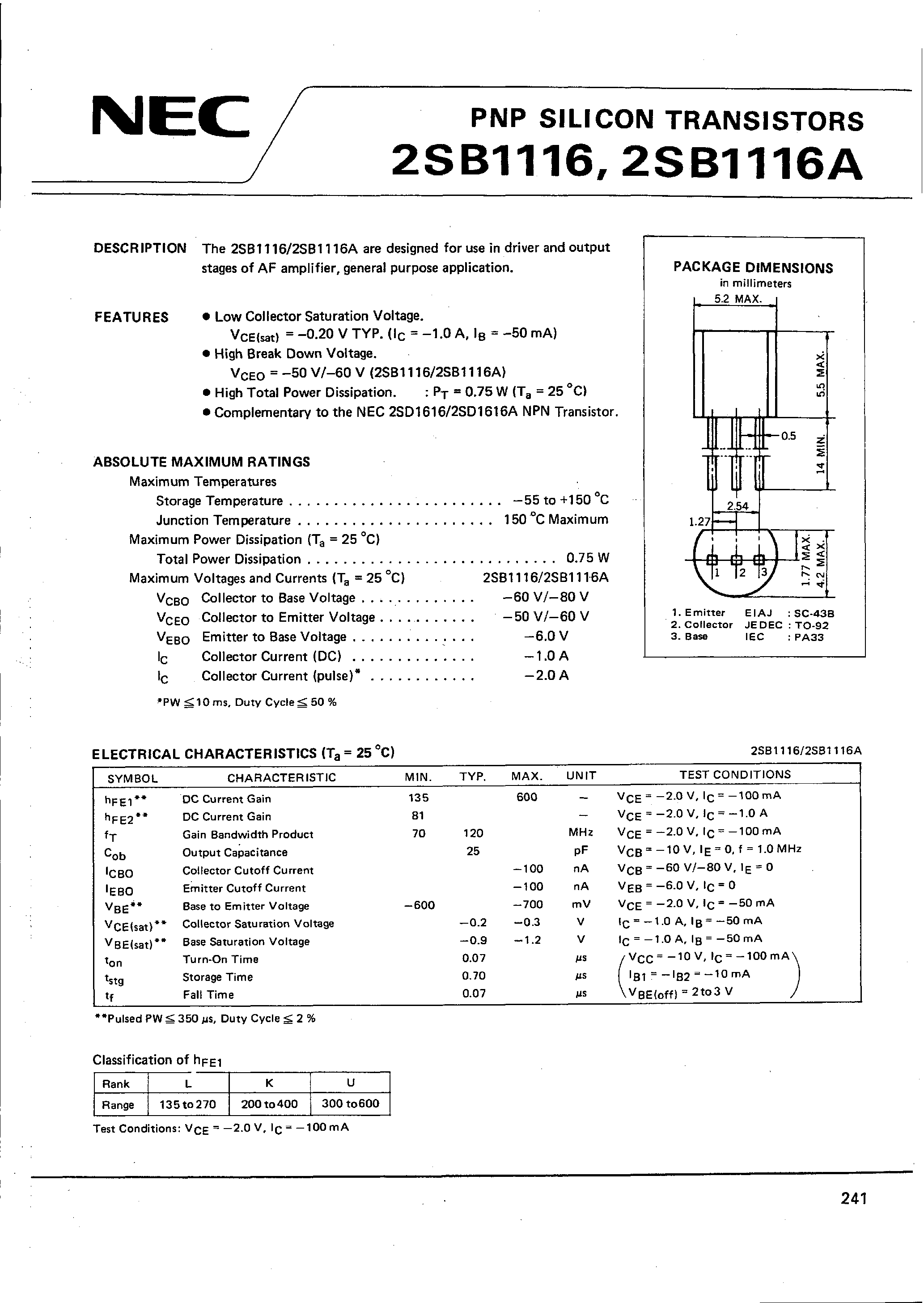 Даташит 2SB1116 - PNP SILICON TRANSISTORS страница 1