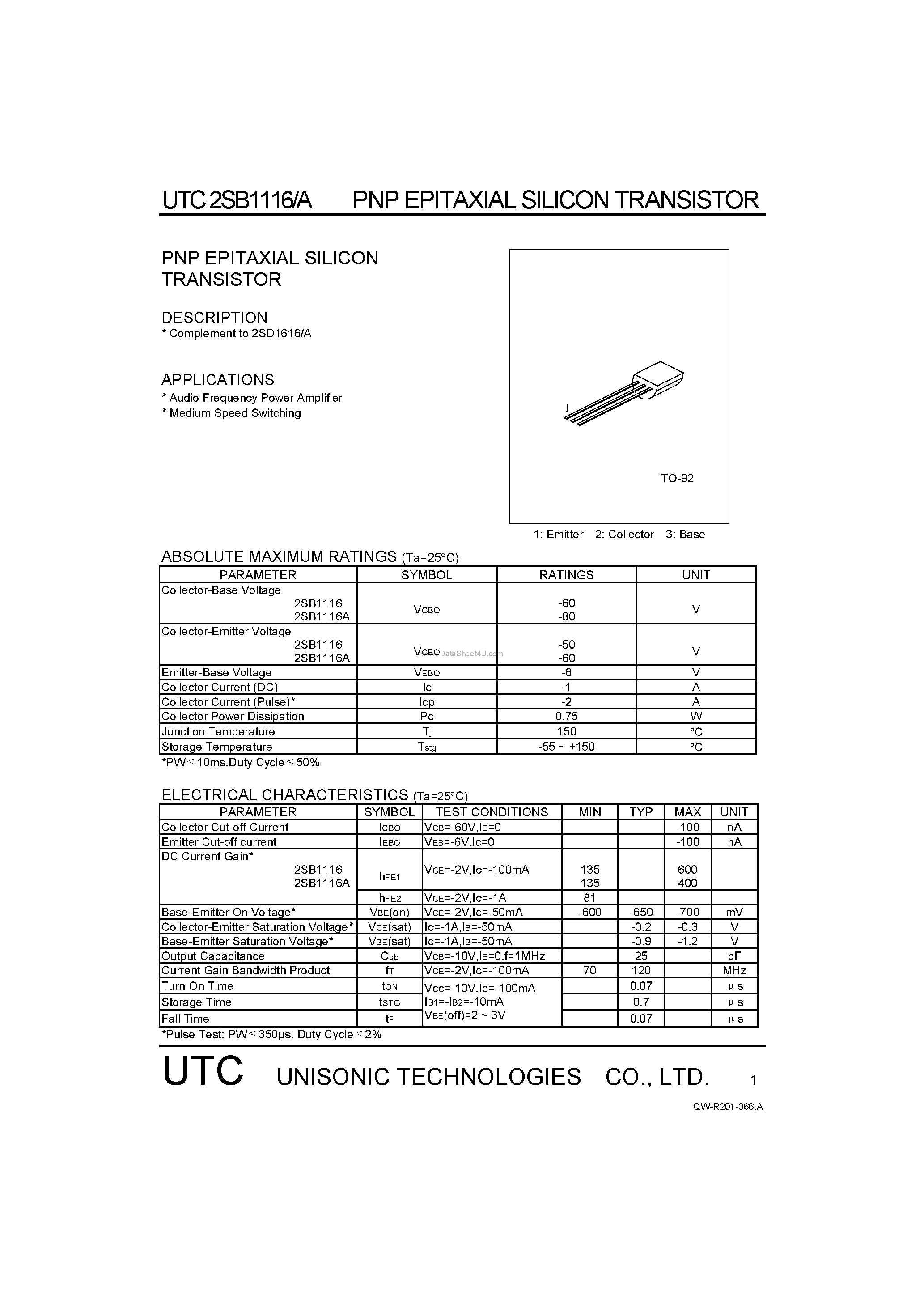 Datasheet 2SB1116 - PNP EPITAXIAL SILICON TRANSISTOR page 1