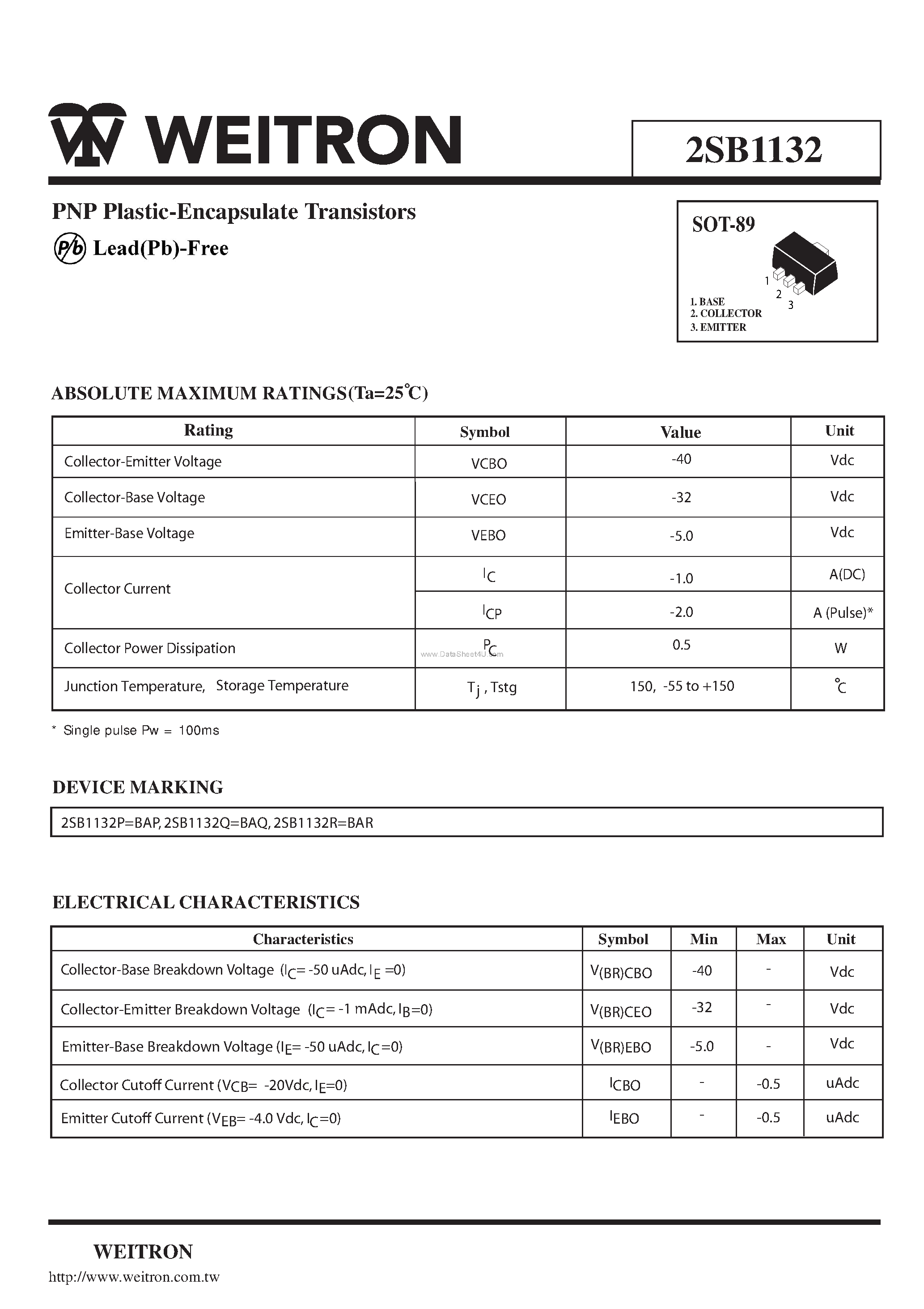 Даташит 2SB1132 - PNP Plastic-Encapsulate Transistors страница 1