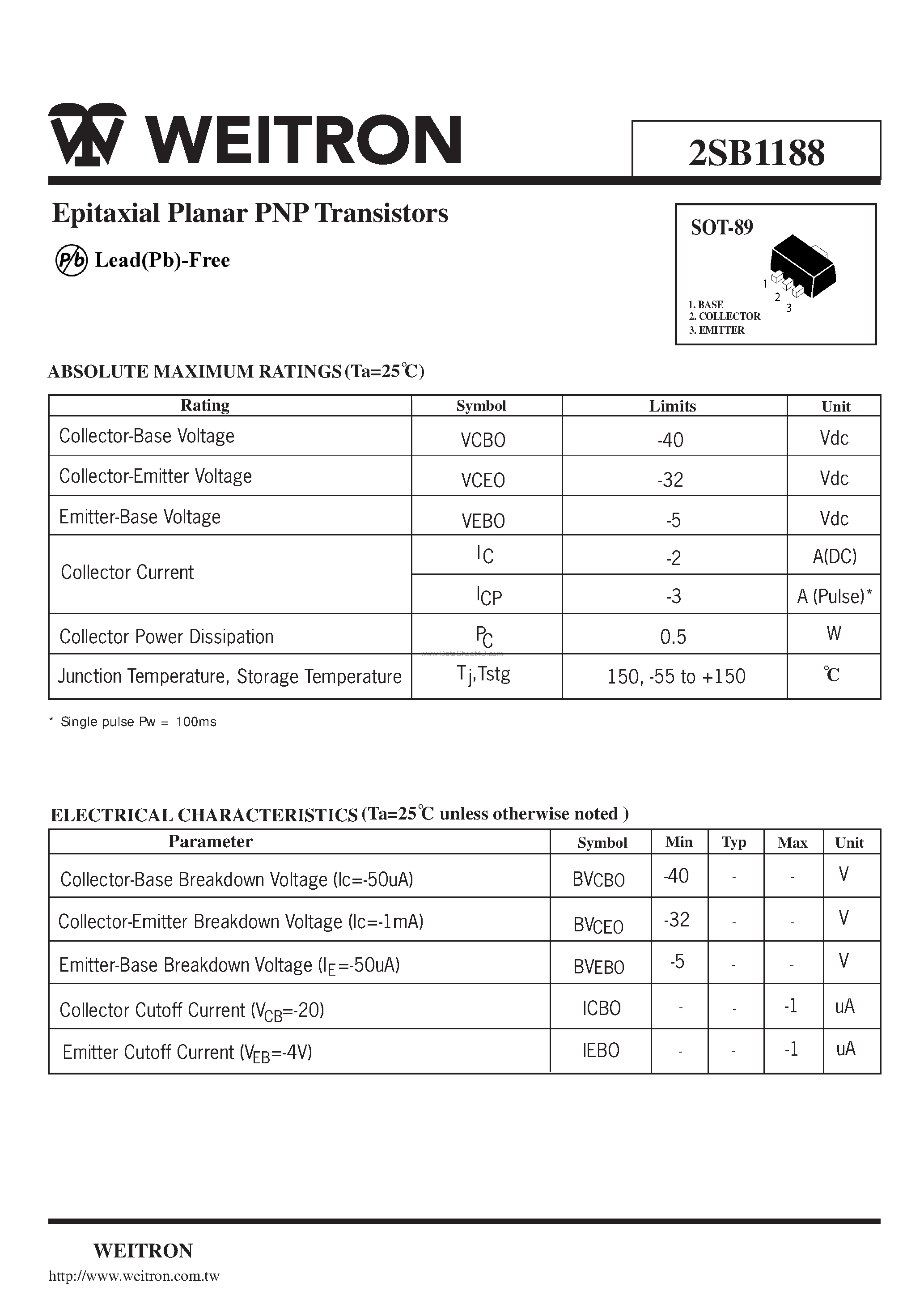 Даташит 2SB1188 - Epitaxial Planar PNP Transistors страница 1