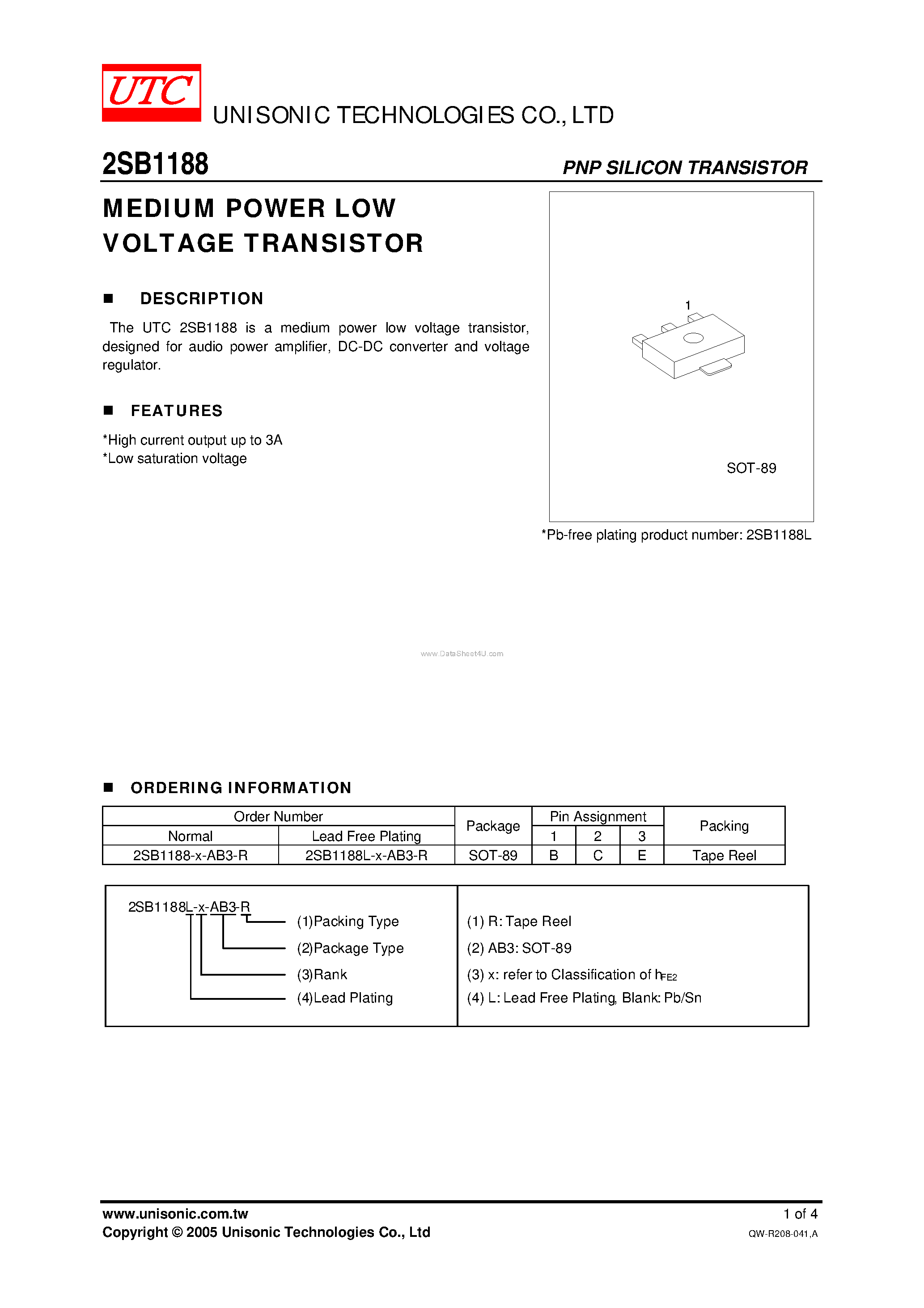 Datasheet 2SB1188 - MEDIUM POWER LOW VOLTAGE TRANSISTOR page 1