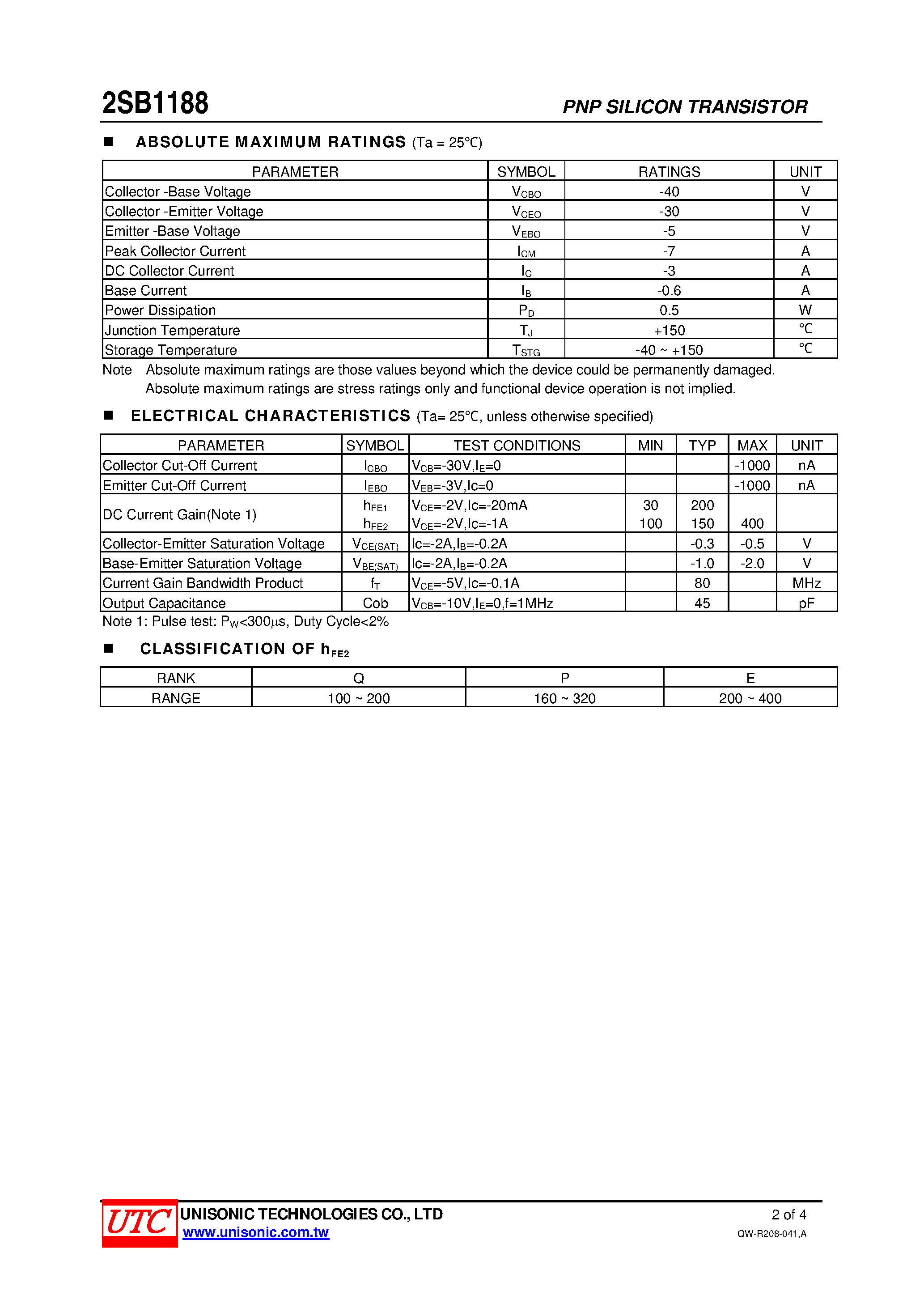 Datasheet 2SB1188 - MEDIUM POWER LOW VOLTAGE TRANSISTOR page 2
