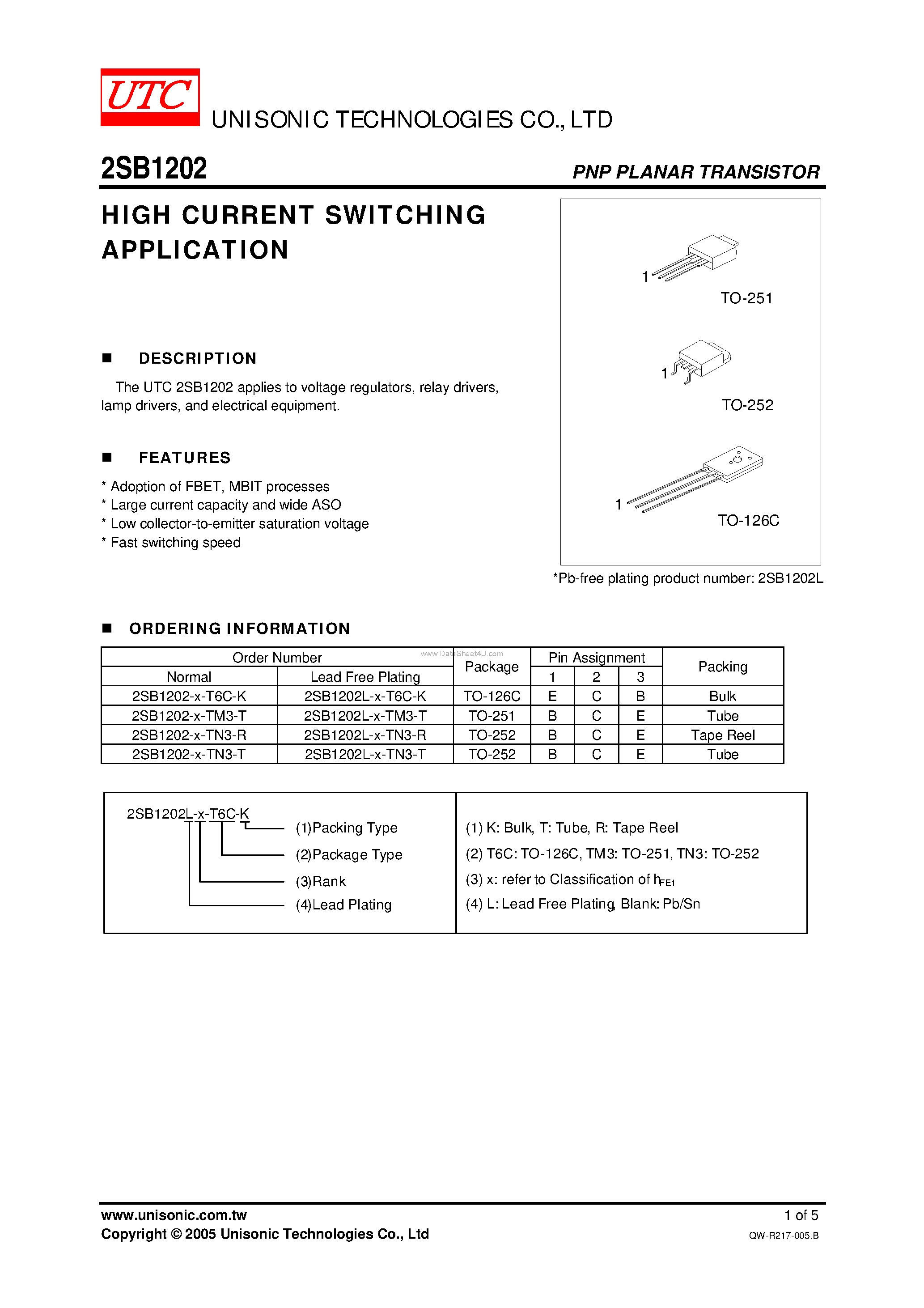 Даташит 2SB1202 - HIGH CURRENT SWITCHING APPLICATION страница 1