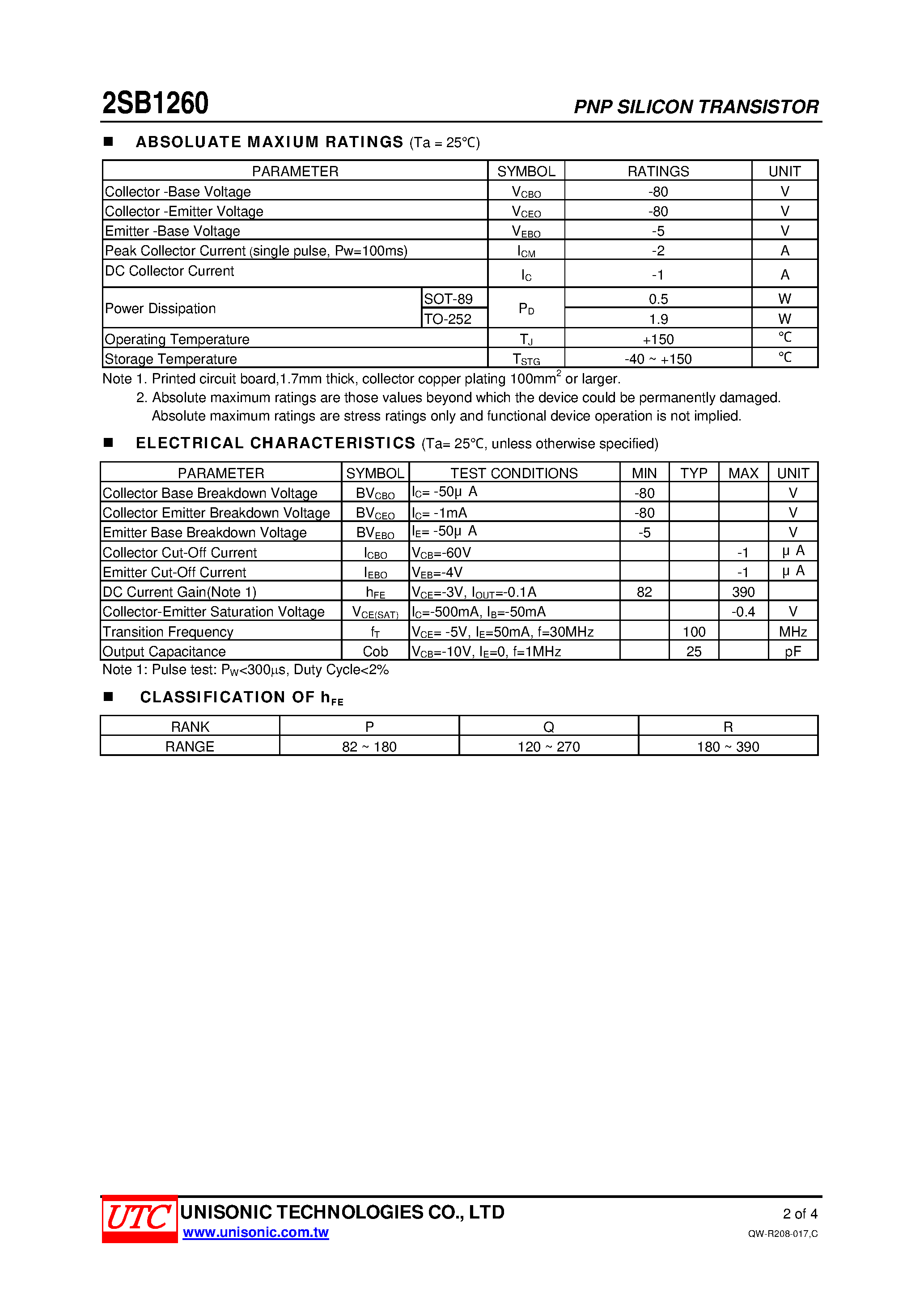 Datasheet 2SB1260 page 2 Datasheet 2SB1260 - POWER TRANSISTOR page 2