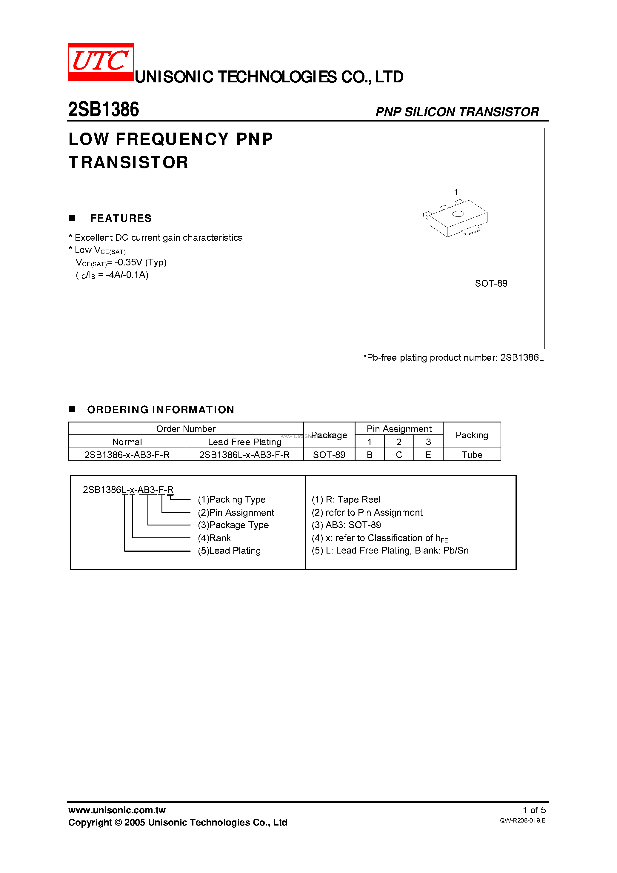 Datasheet 2SB1386 page 1 Datasheet 2SB1386 - LOW FREQUENCY PNP TRANSISTOR page 1