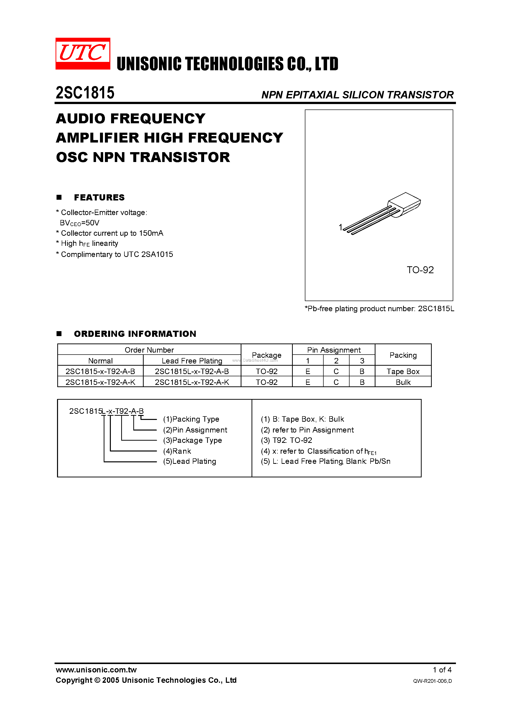 Datasheet 2SC1815 - AUDIO FREQUENCY AMPLIFIER HIGH FREQUENCY OSC NPN TRANSISTOR page 1