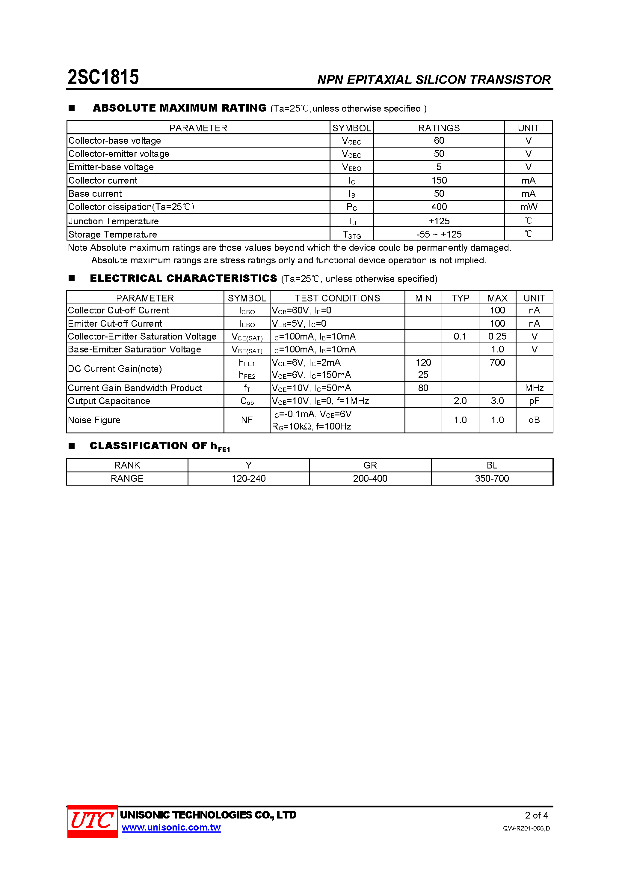 Datasheet 2SC1815 - AUDIO FREQUENCY AMPLIFIER HIGH FREQUENCY OSC NPN TRANSISTOR page 2