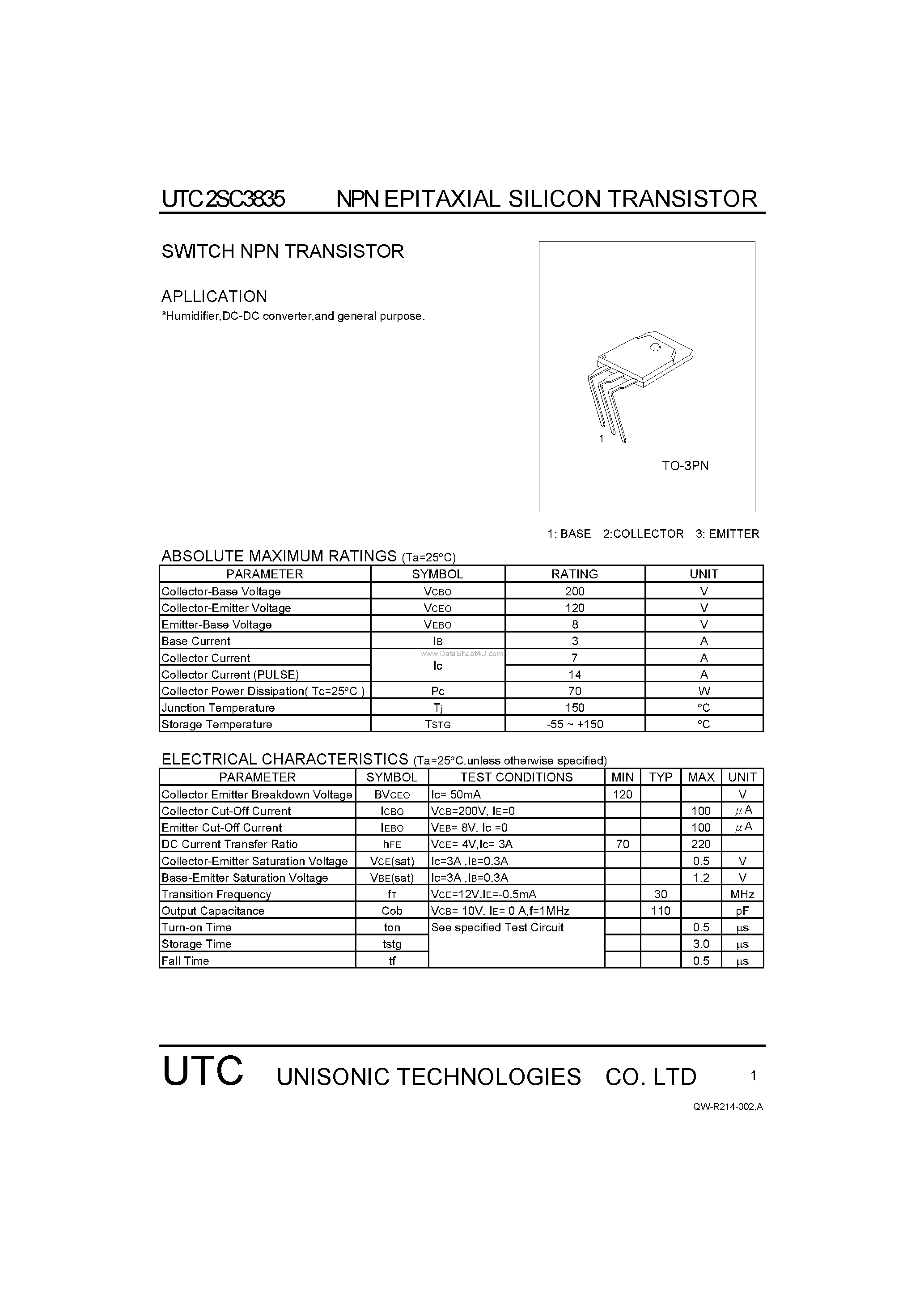 Datasheet 2SC3835 - SWITCH NPN TRANSISTOR page 1