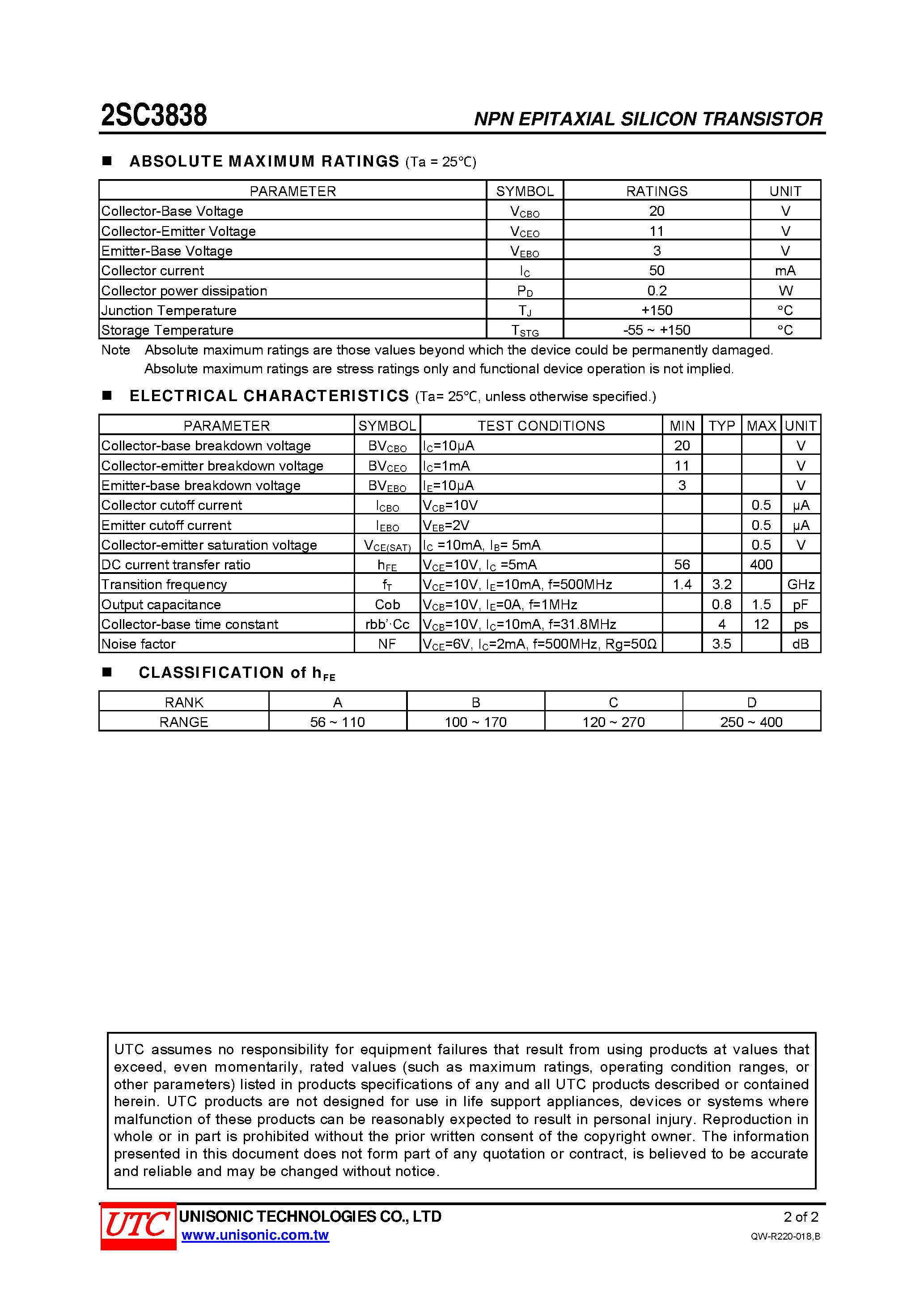 Datasheet 2SC3838 - HIGH-FREQUENCY AMPLIFIER TRANSISTOR page 2