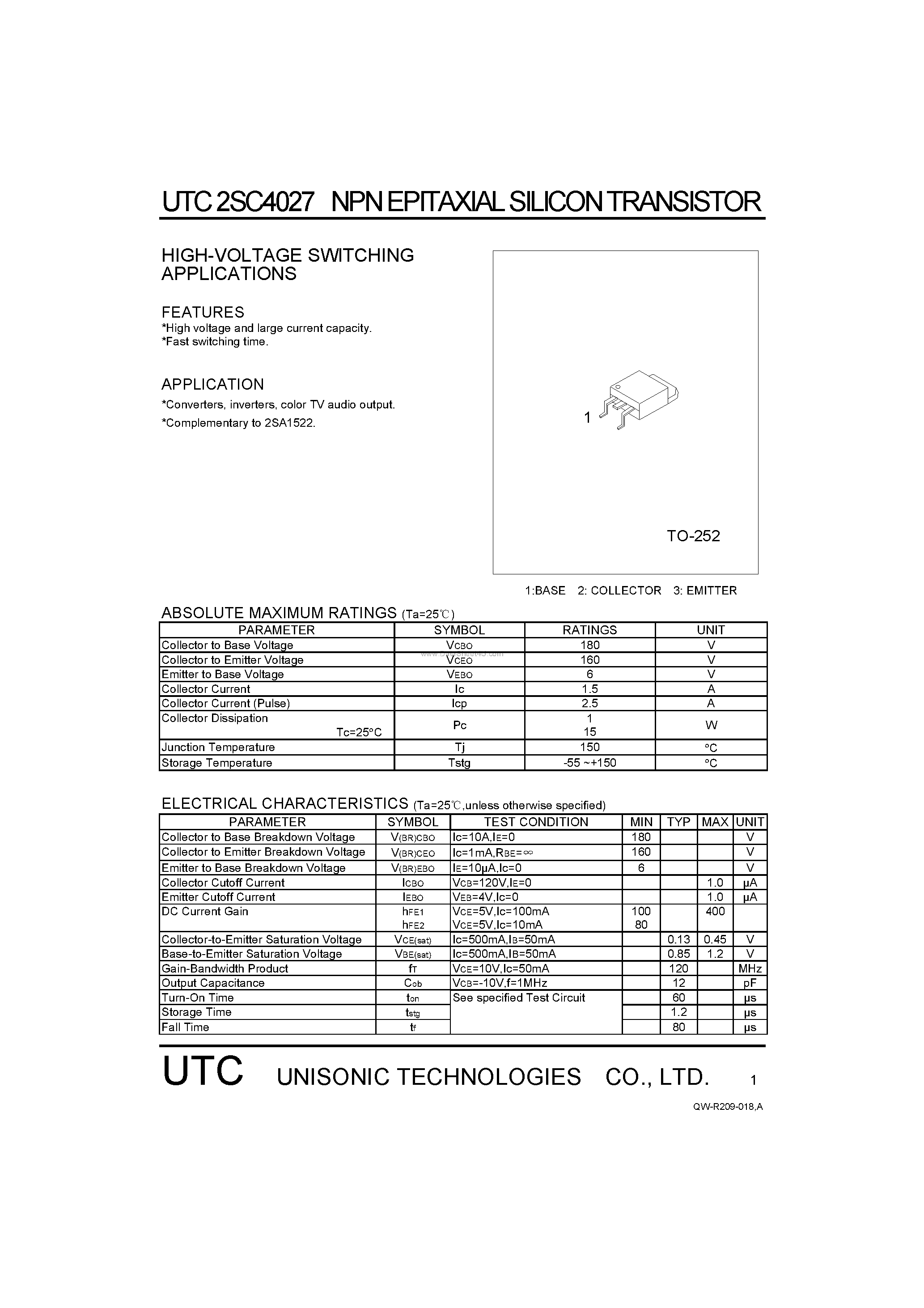 Datasheet 2SC4027 page 1 Datasheet 2SC4027 - HIGH-VOLTAGE SWITCHING APPLICATIONS page 1