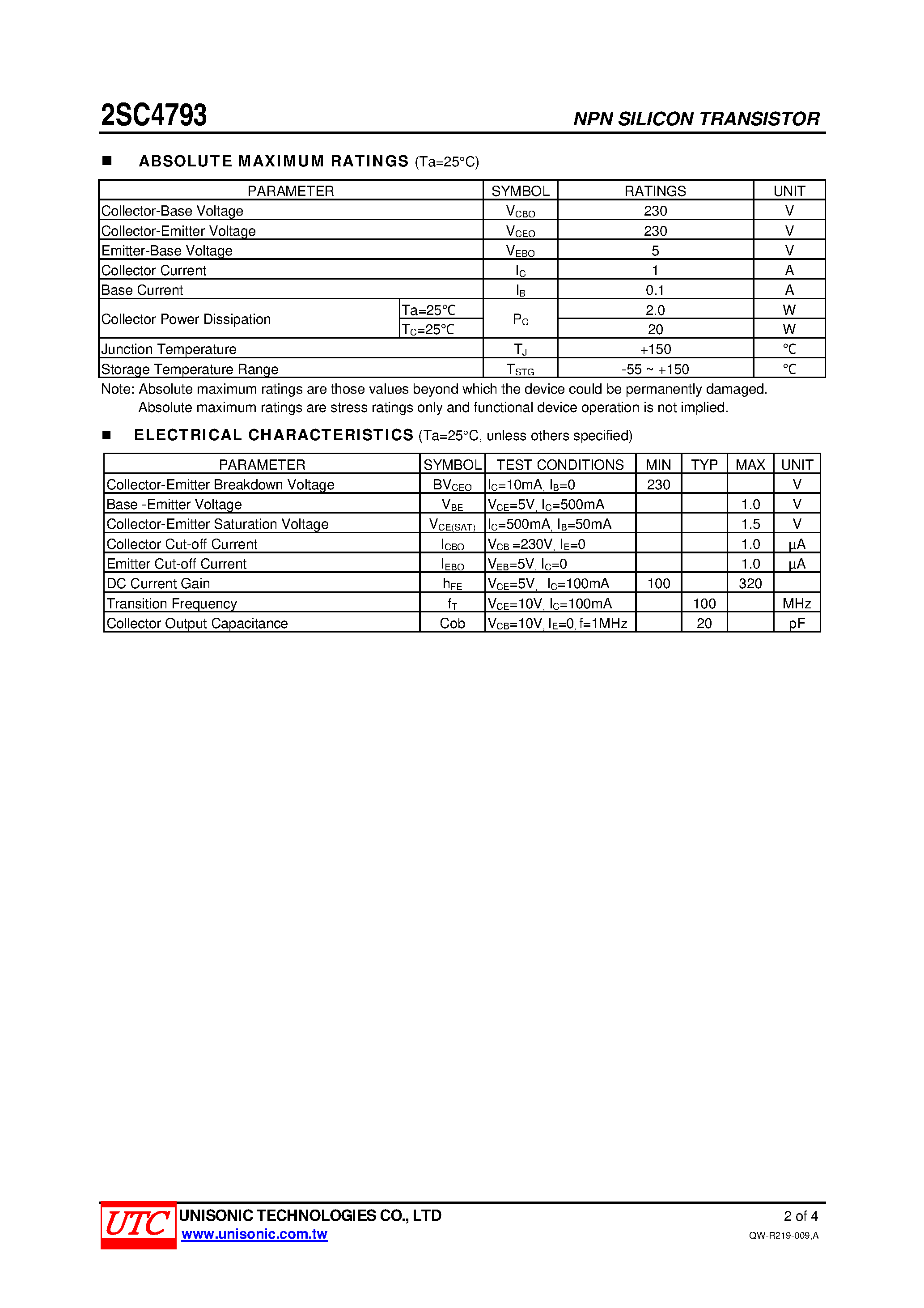 Datasheet 2SC4793 page 2 Datasheet 2SC4793 - NPN SILICON TRANSISTOR page 2