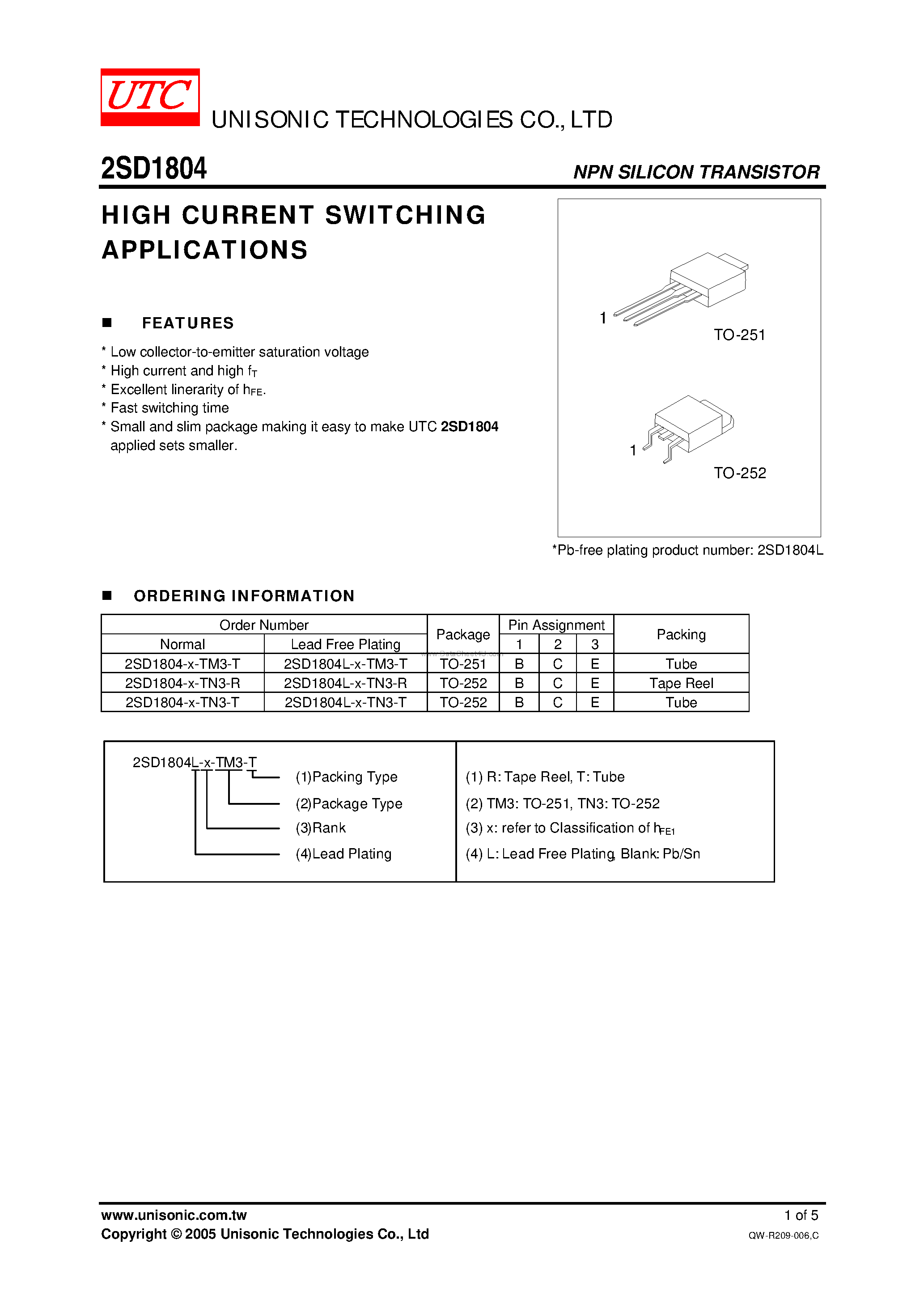 Datasheet 2SD1804 - HIGH CURRENT SWITCHING APPLICATIONS page 1