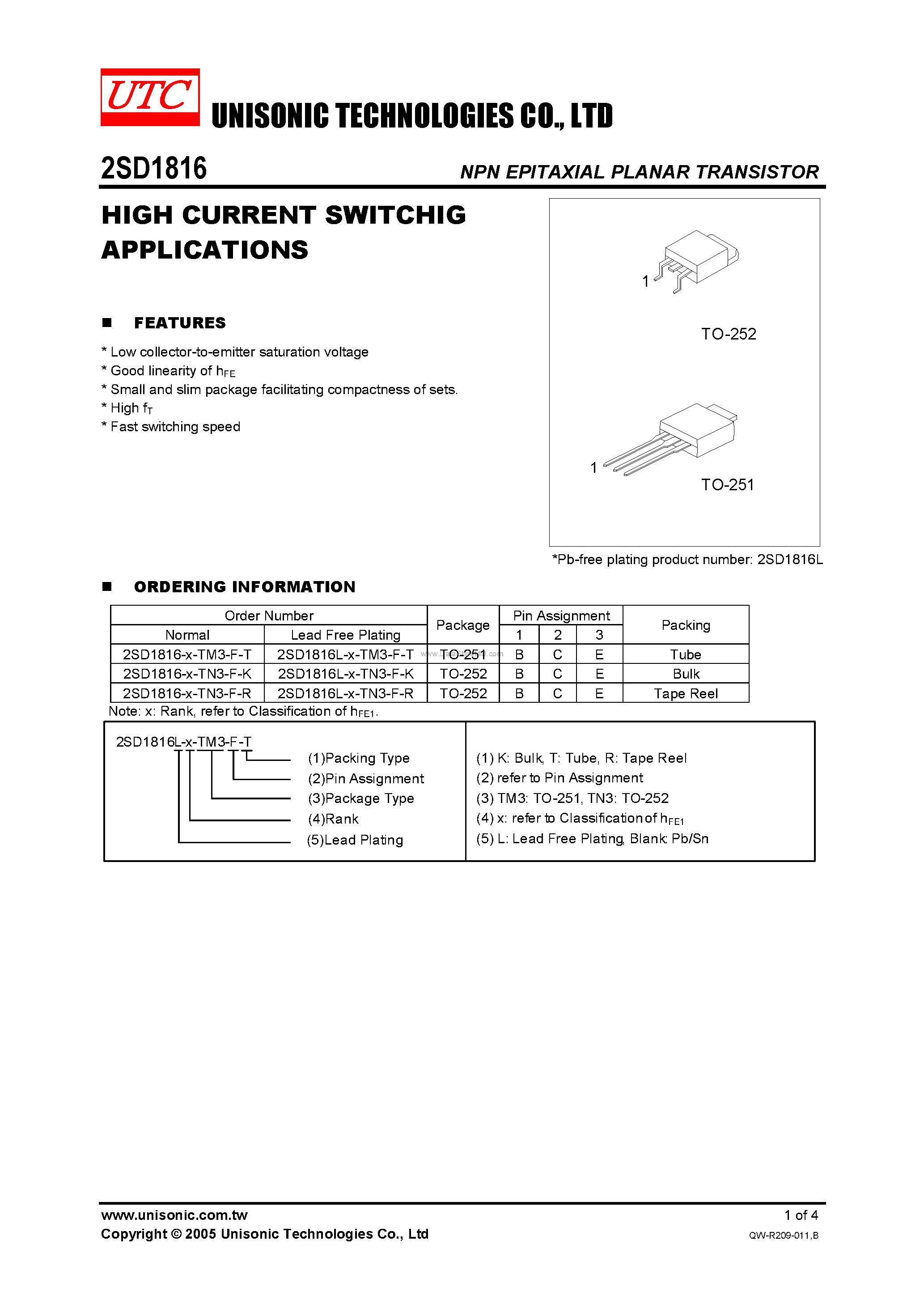 Datasheet 2SD1816 - HIGH CURRENT SWITCHIG APPLICATIONS page 1
