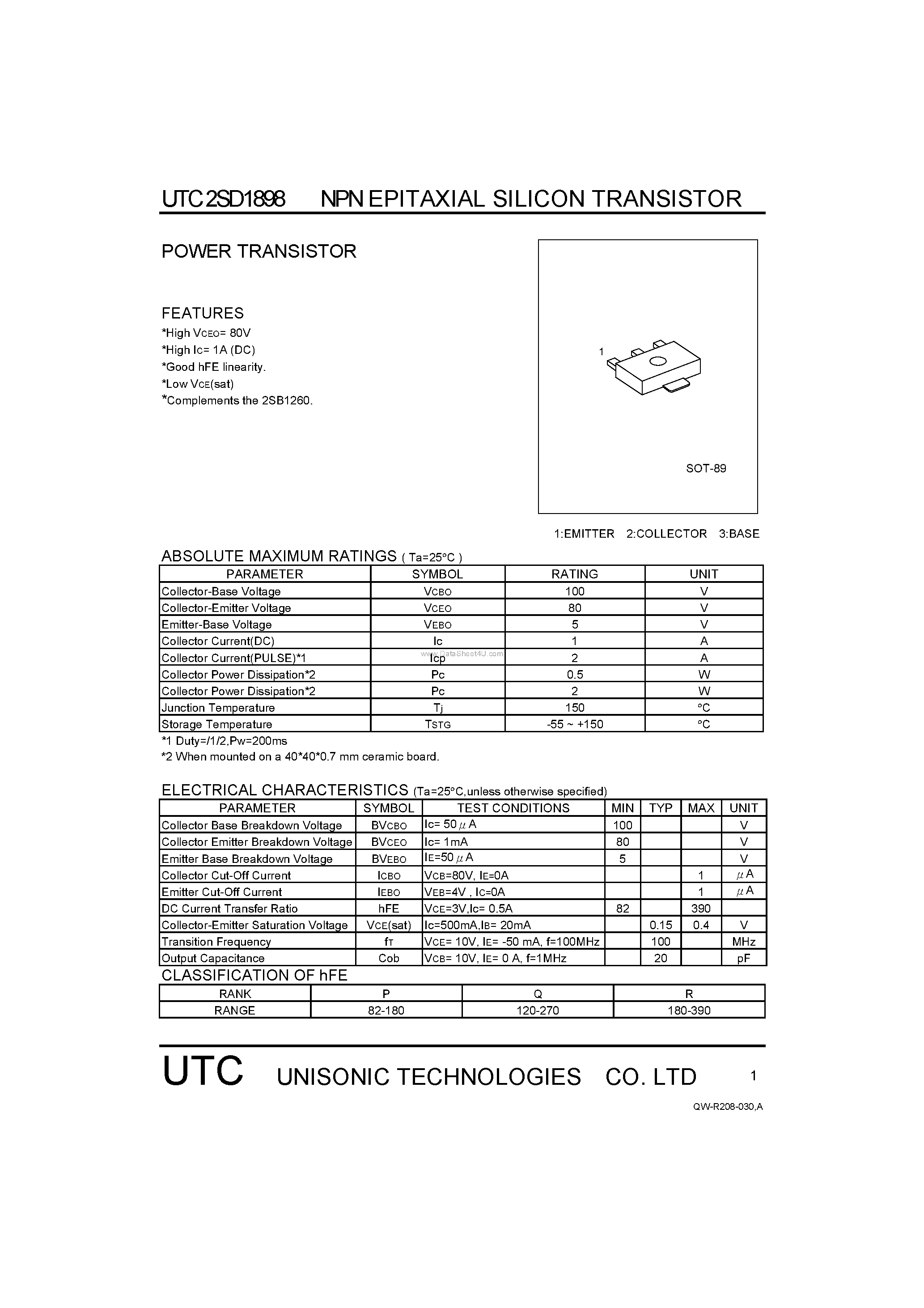 Datasheet 2SD1898 page 1 Datasheet 2SD1898 - POWER TRANSISTOR page 1