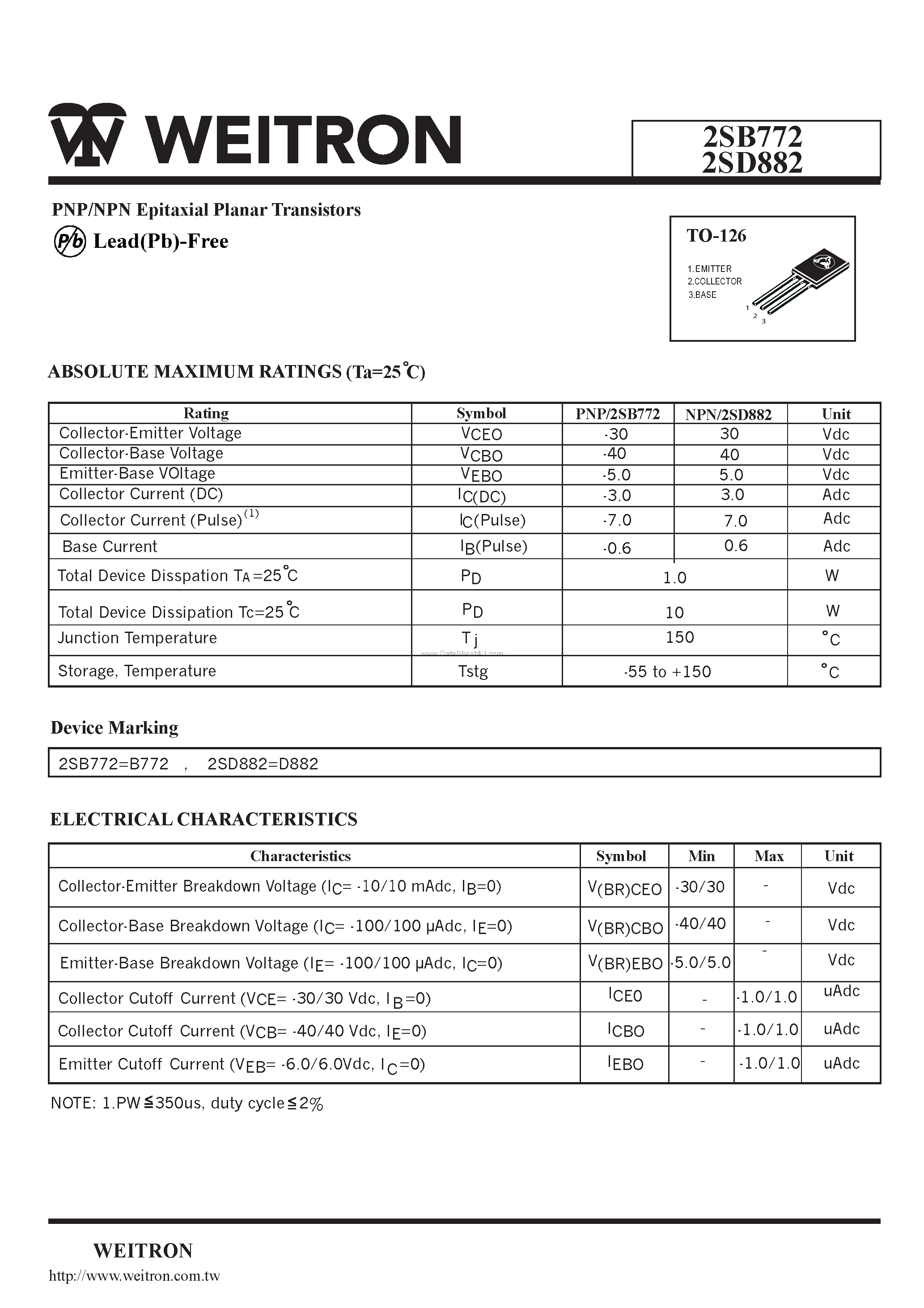Даташит 2SD882 - PNP/NPN Epitaxial Planar Transistors страница 1