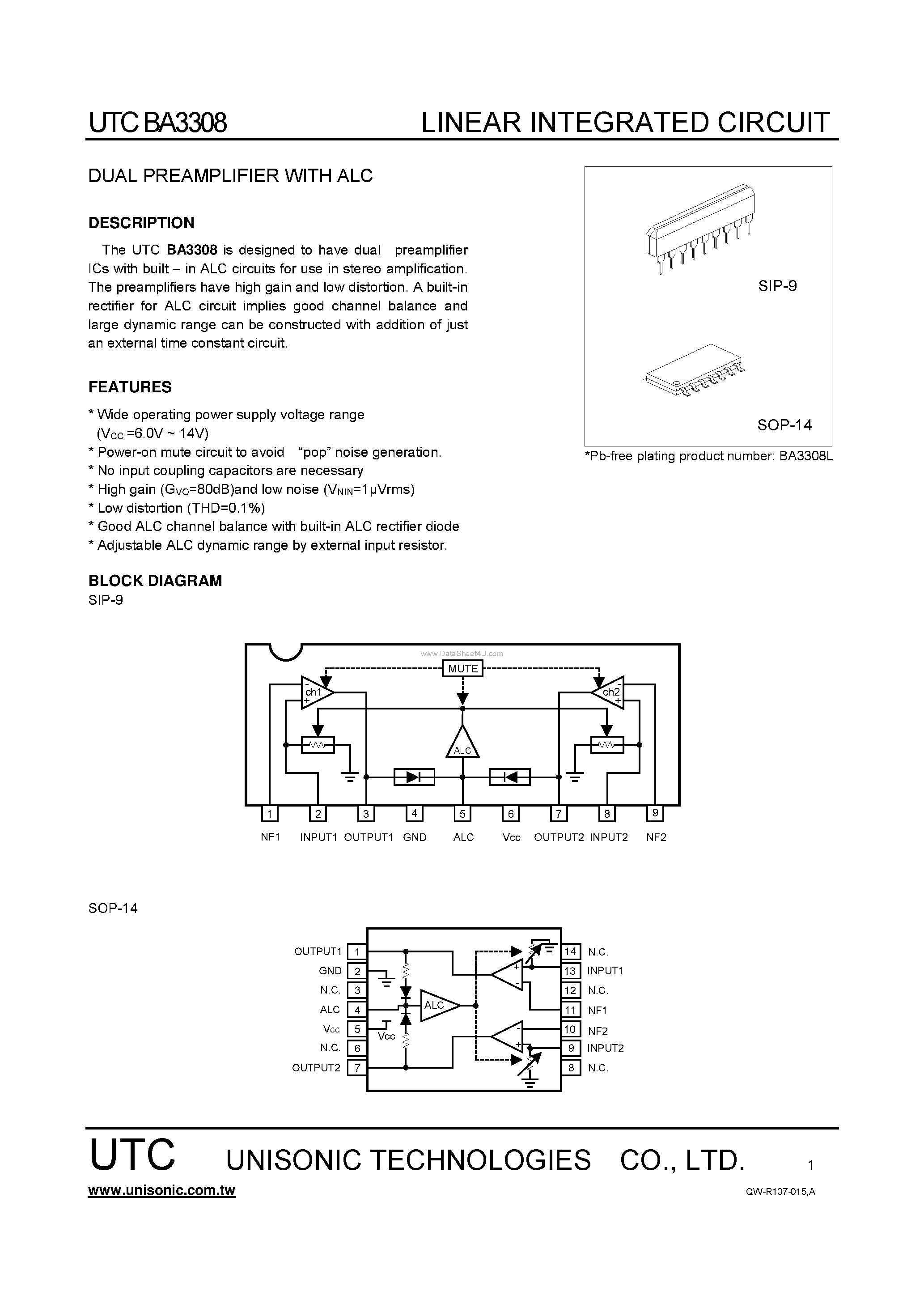 Даташит на микросхему BA3308 страница 1 Даташит BA3308 - DUAL PREAMPLIFIER страница 1