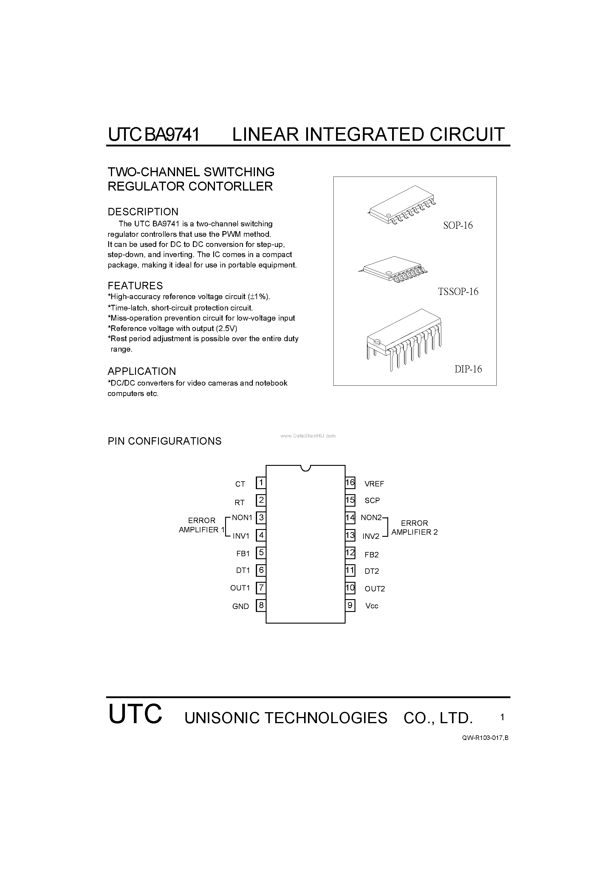 Даташит на микросхему BA9741 страница 1 Даташит BA9741 - TWO-CHANNEL SWITCHING REGULATOR CONTORLLER страница 1