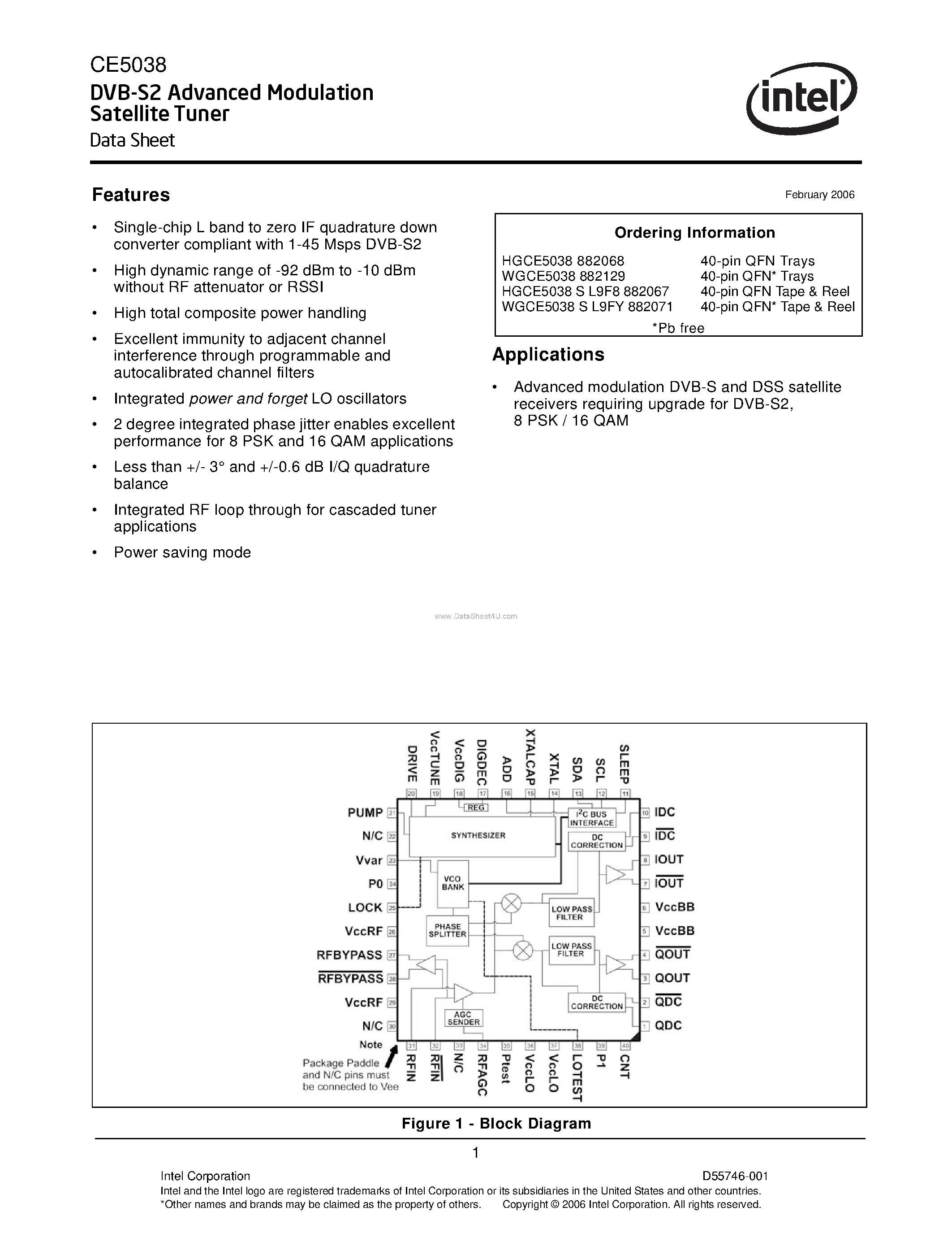 Datasheet CE5038 page 1 Datasheet CE5038 - DVB-S2 Advanced Modulation Satellite Tuner page 1