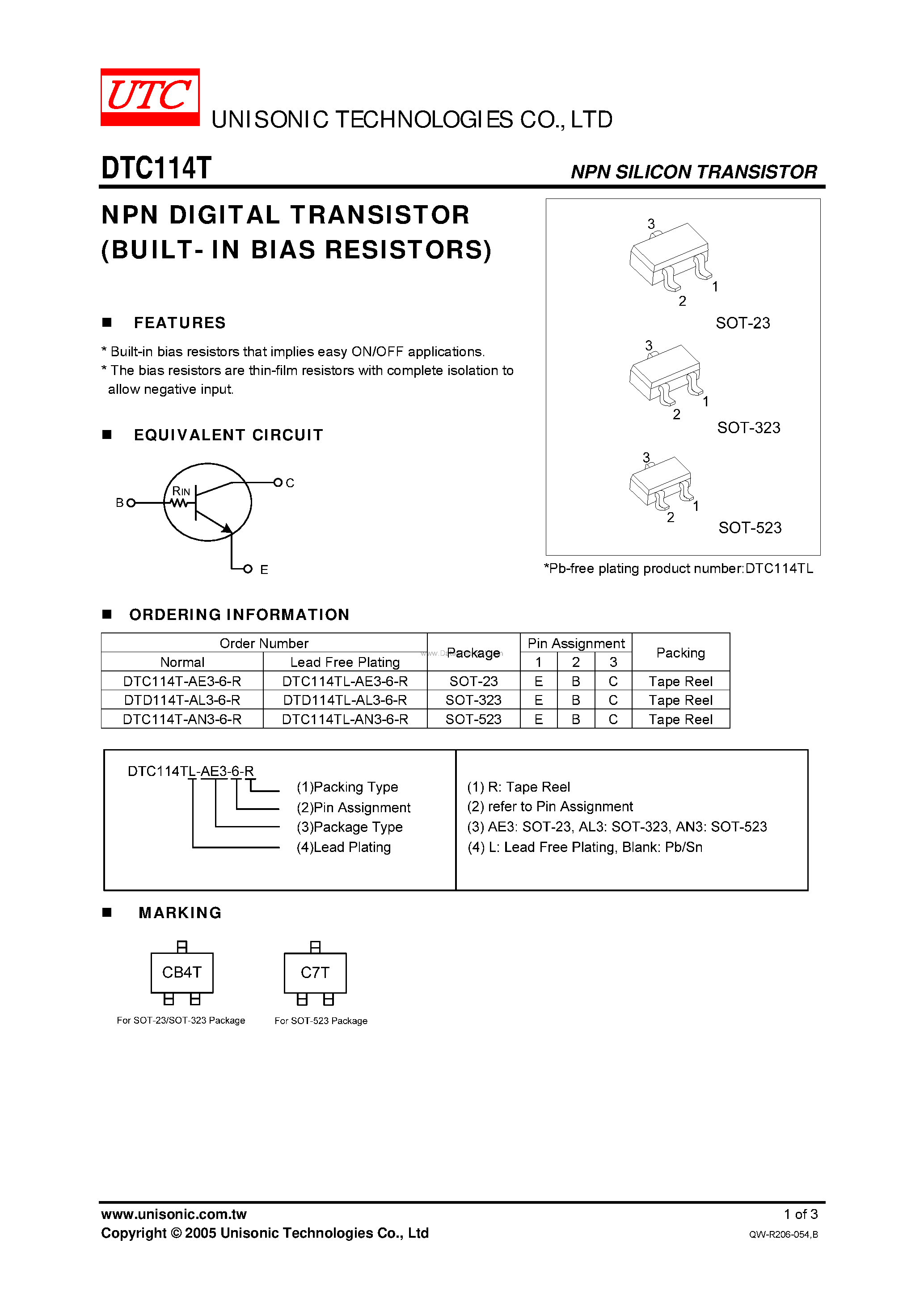 Datasheet DTC114T - NPN DIGITAL TRANSISTOR NPN DIGITAL TRANSISTOR page 1