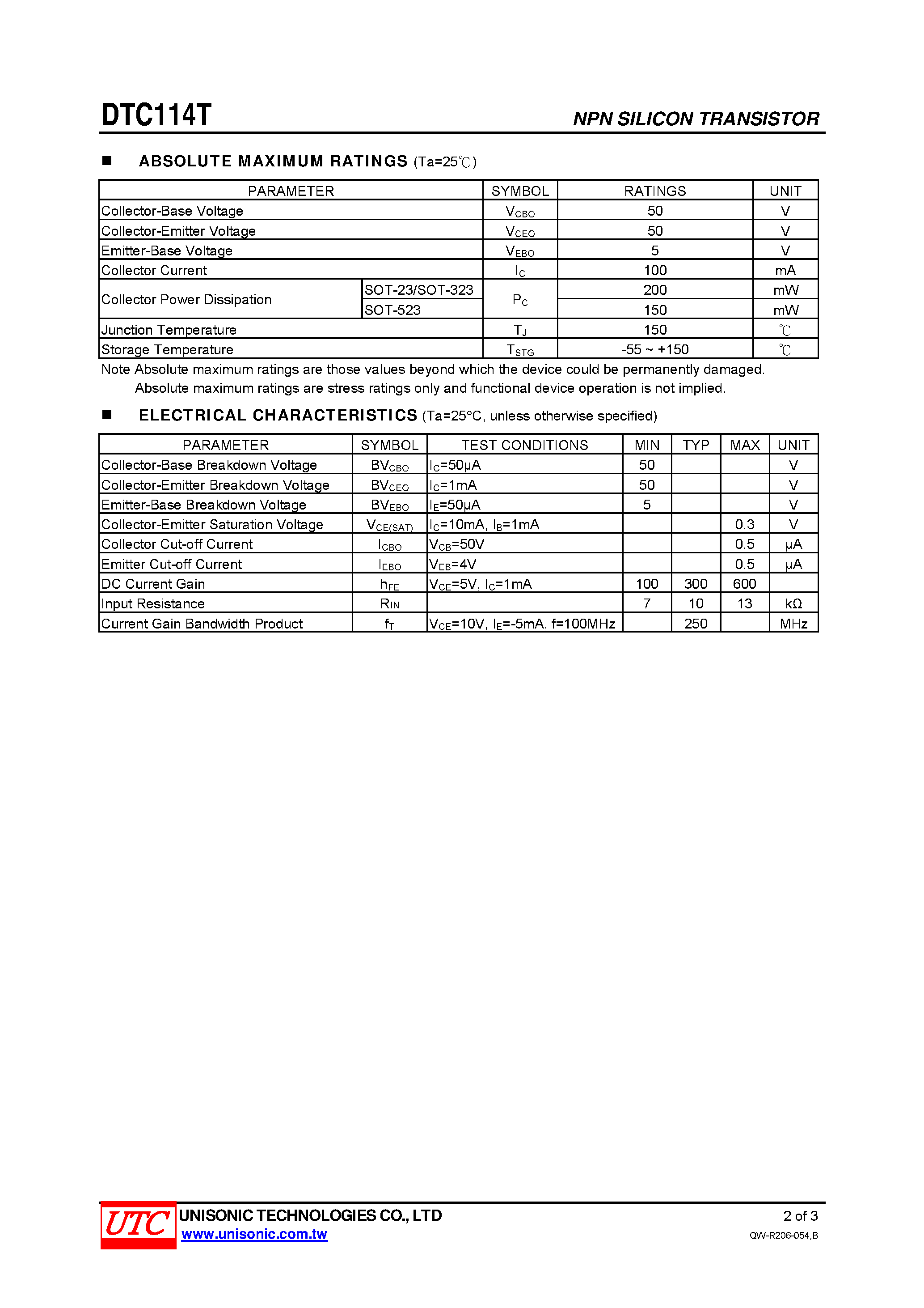 Datasheet DTC114T - NPN DIGITAL TRANSISTOR NPN DIGITAL TRANSISTOR page 2