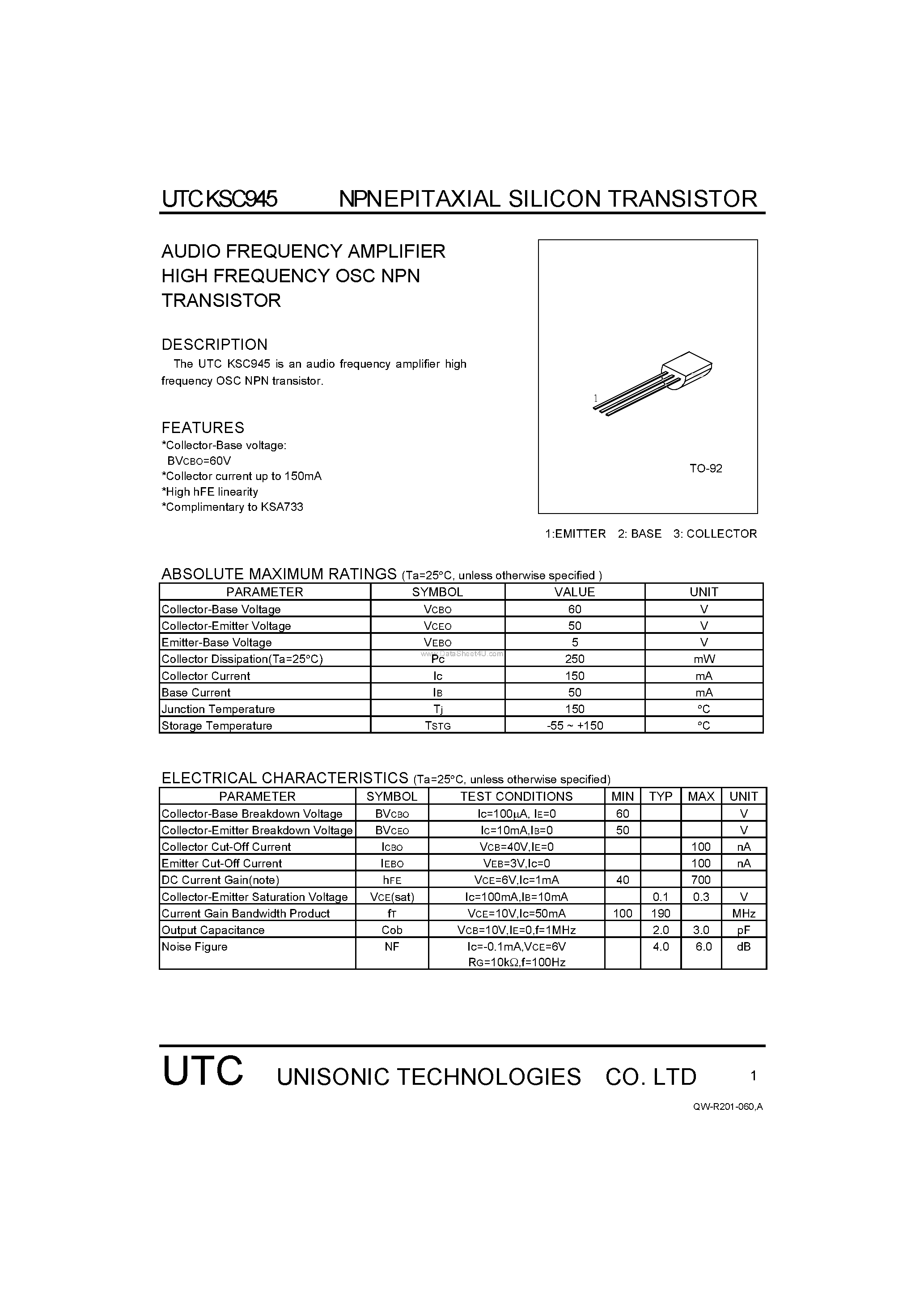 Datasheet KSC945 page 1 Datasheet KSC945 - AUDIO FREQUENCY AMPLIFIER HIGH FREQUENCY OSC NPN TRANSISTOR page 1