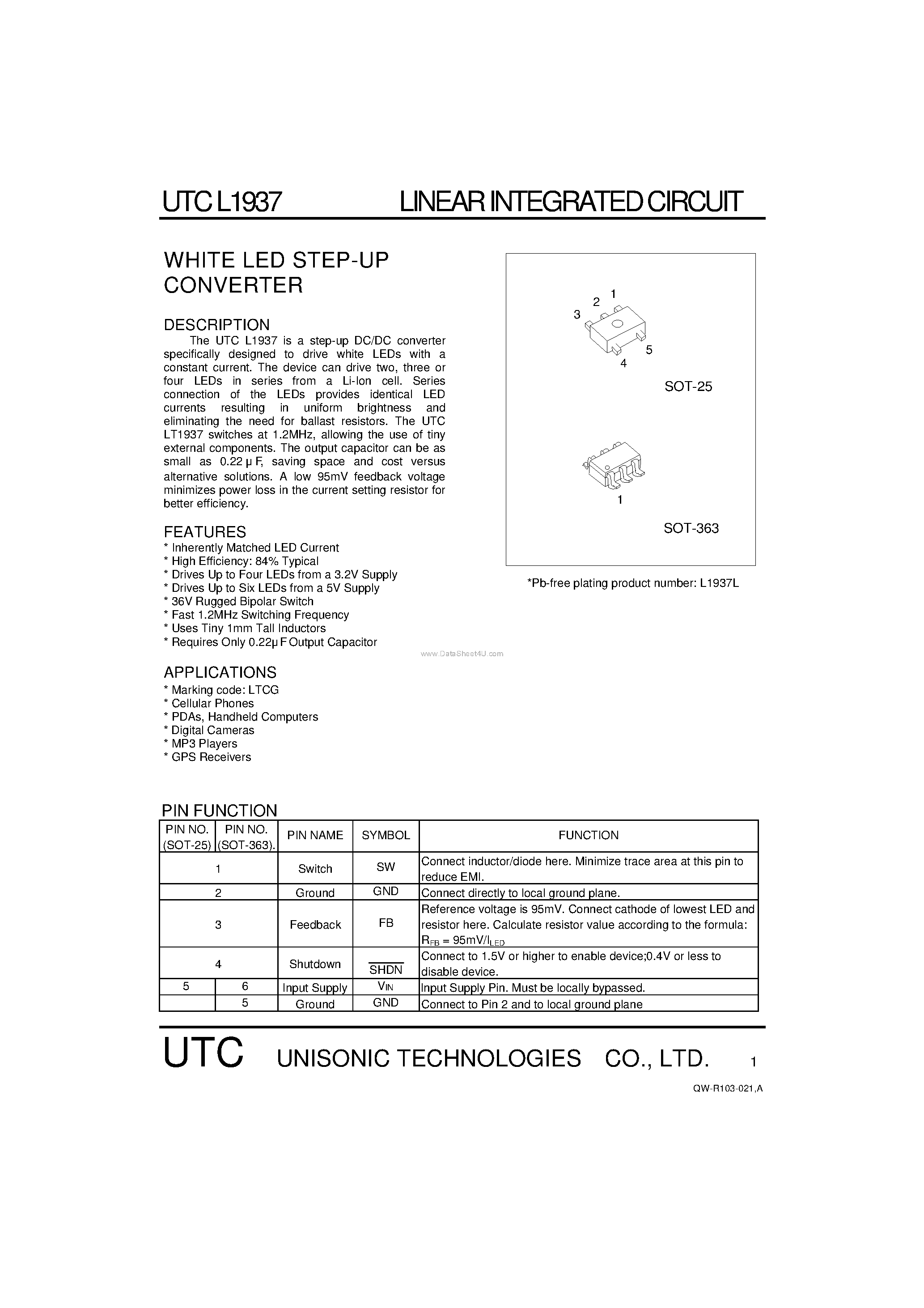 Даташит на микросхему L1937 страница 1 Даташит L1937 - WHITE LED STEP-UP CONVERTER страница 1