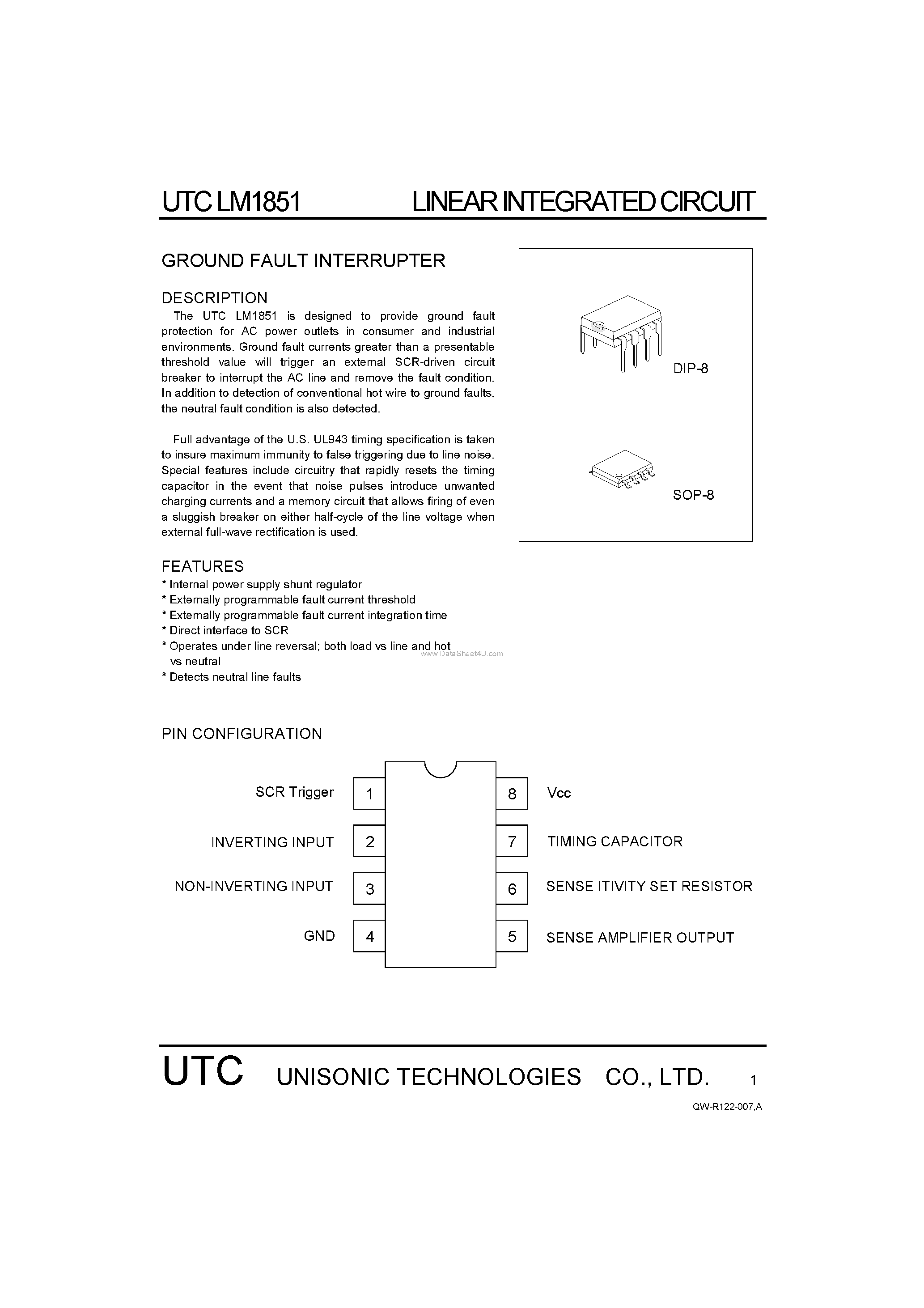 Даташит на микросхему LM1851 страница 1 Даташит LM1851 - GROUND FAULT INTERRUPTER страница 1