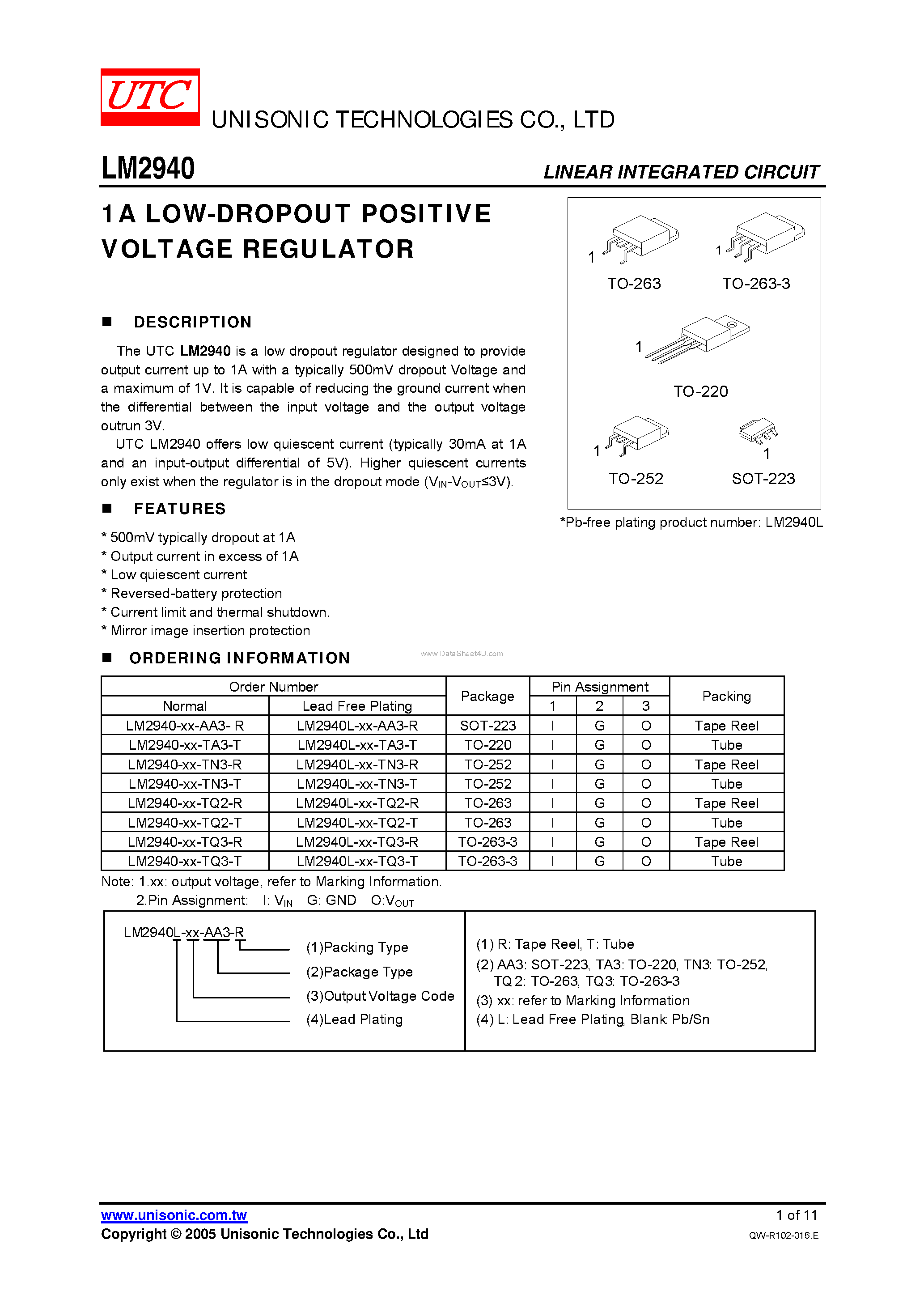 Даташит на микросхему LM2940 страница 1 Даташит LM2940 - LOW-DROPOUT POSITIVE VOLTAGE REGULATOR страница 1