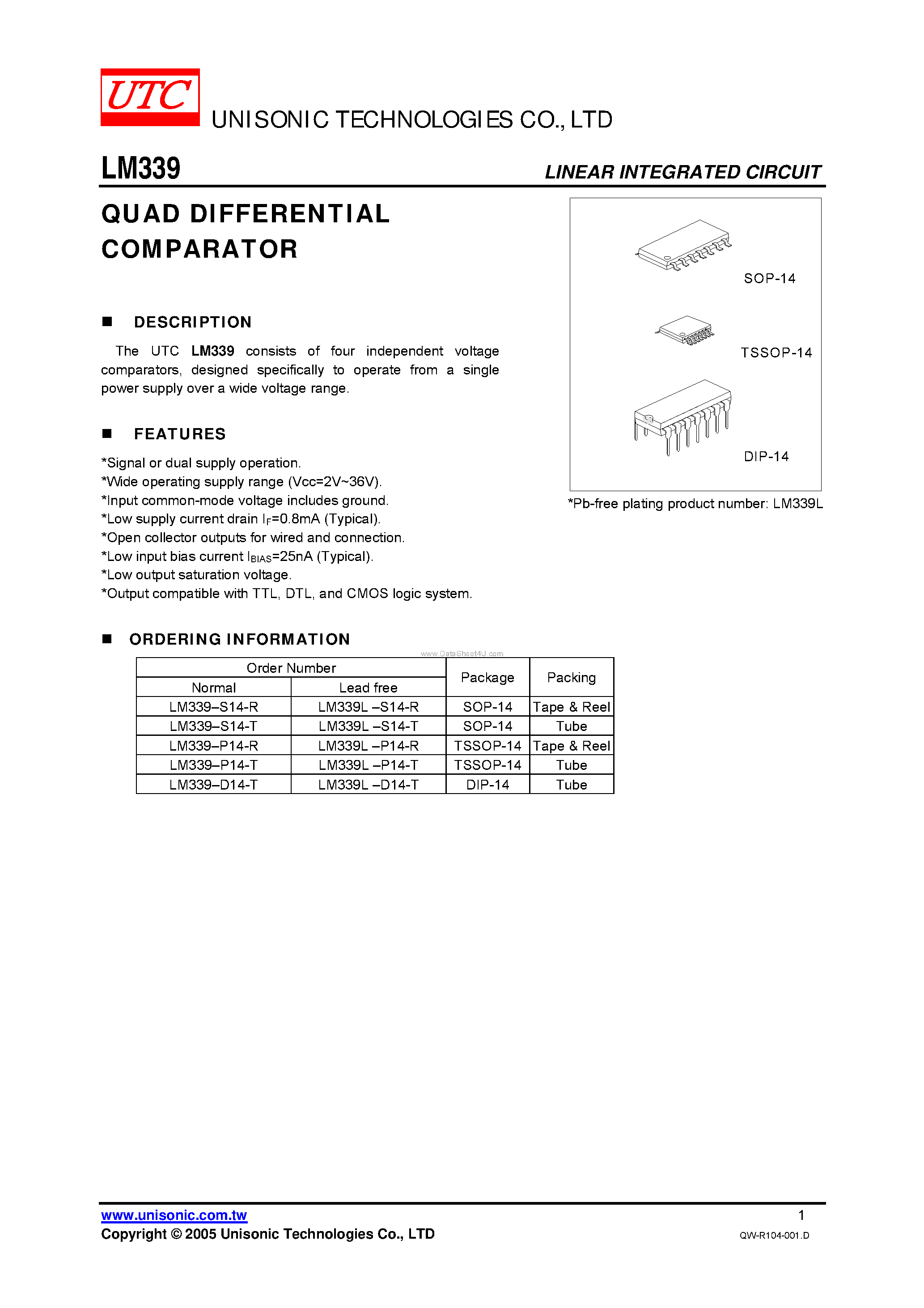 Даташит на микросхему LM339 страница 1 Даташит LM339 - QUAD DIFFERENTIAL COMPARATOR страница 1
