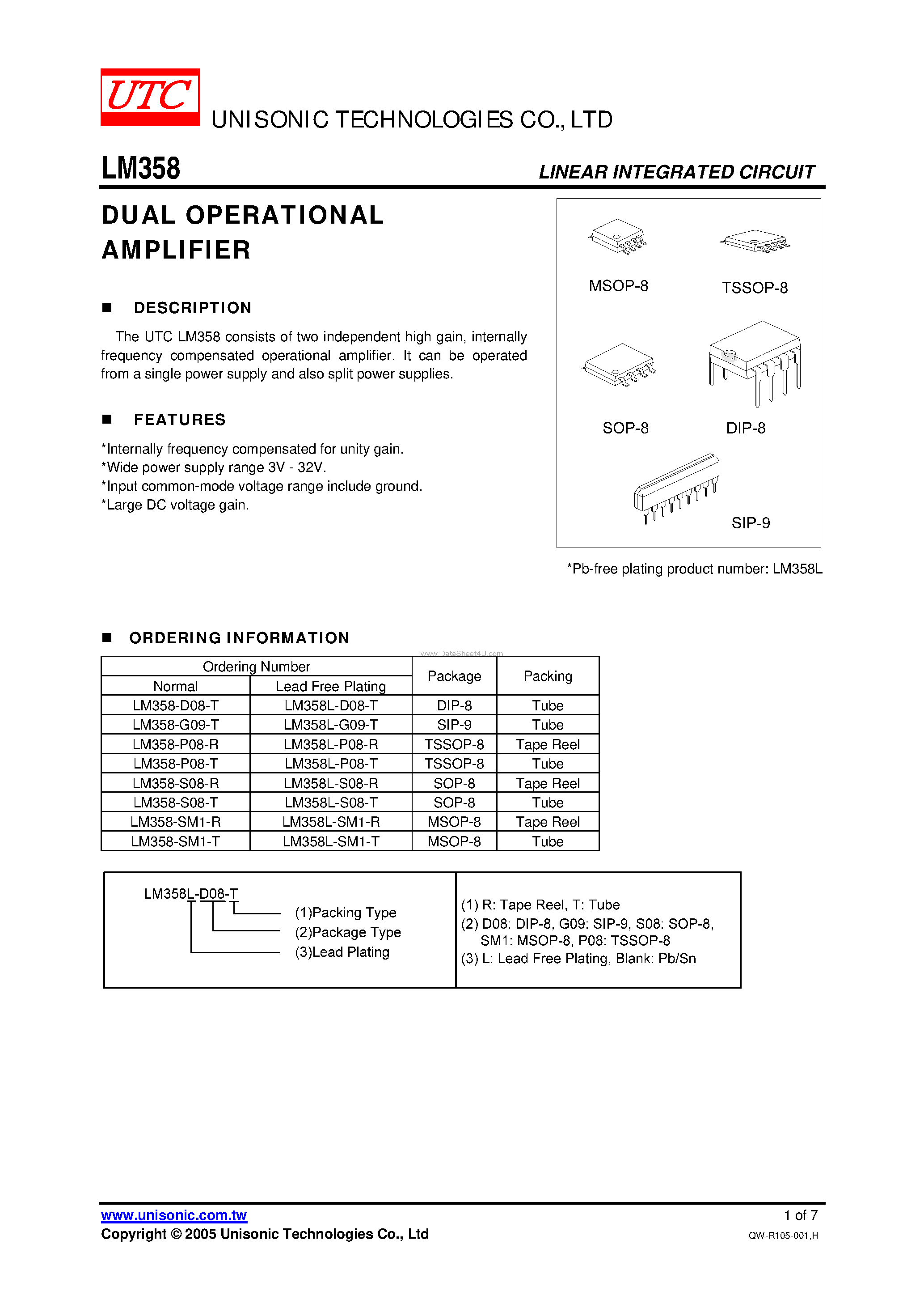 Даташит LM358 - DUAL OPERATIONAL AMPLIFIER страница 1