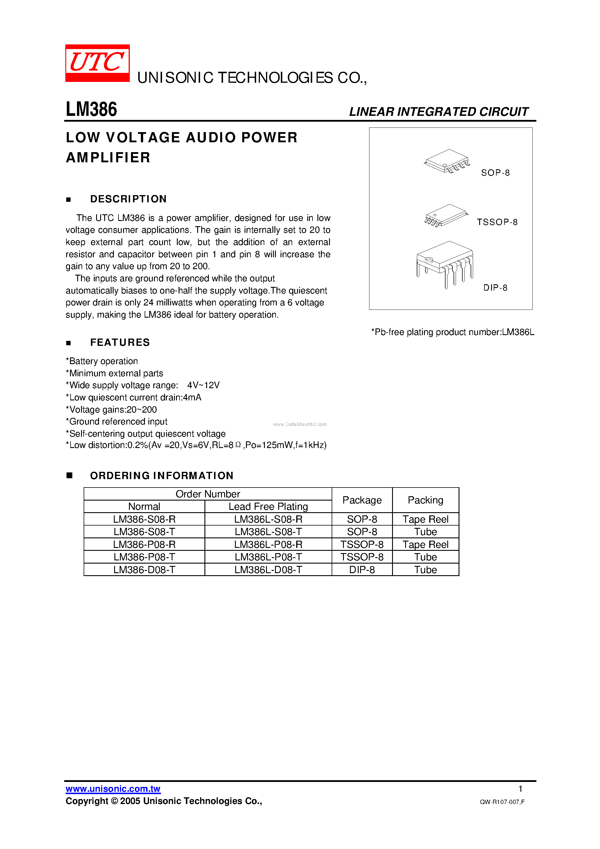 Datasheet LM386 page 1 Datasheet LM386 - LOW VOLTAGE AUDIO POWER AMPLIFIER page 1